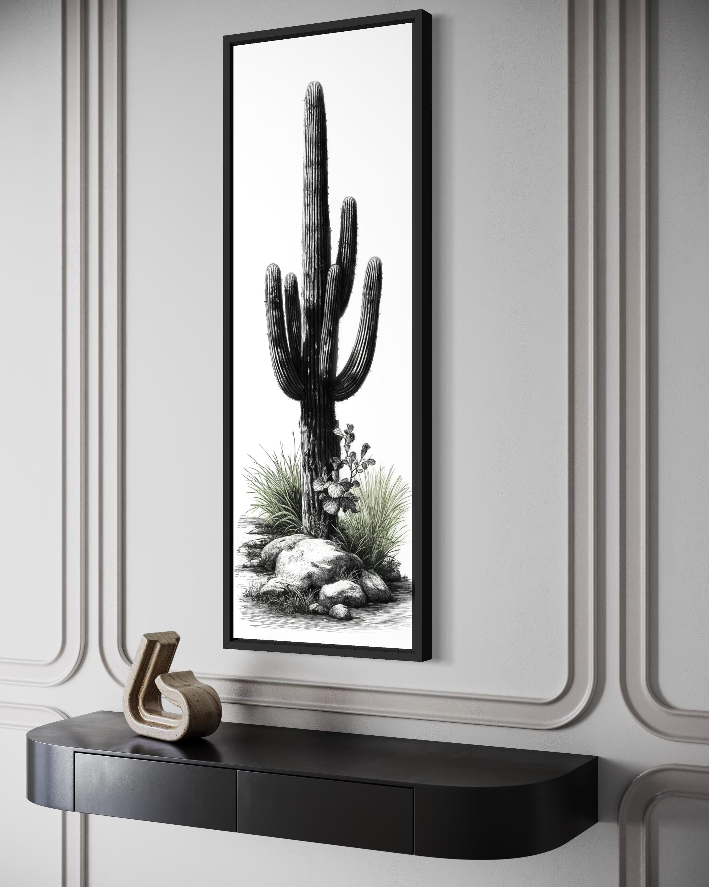 Black White Green Saguaro Cactus Wall Art - Tall Narrow Desert Canvas