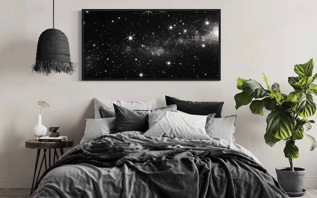 Black White Night Sky Art - Framed Canvas Print | Minimalist Celestial Wall Decor