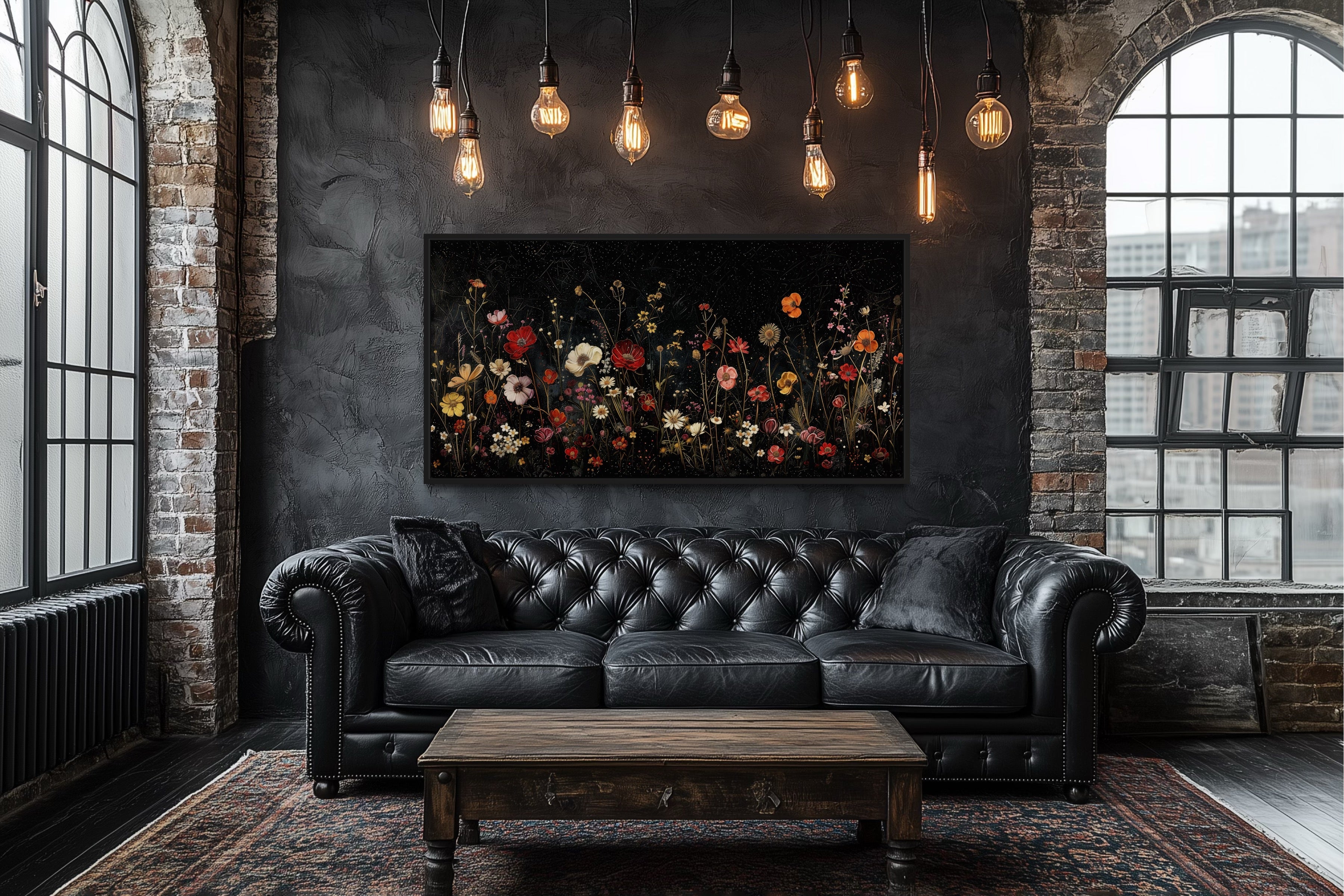 Black Wildflowers Wall Art - Framed Canvas Night Field Painting for Elegant Living Room