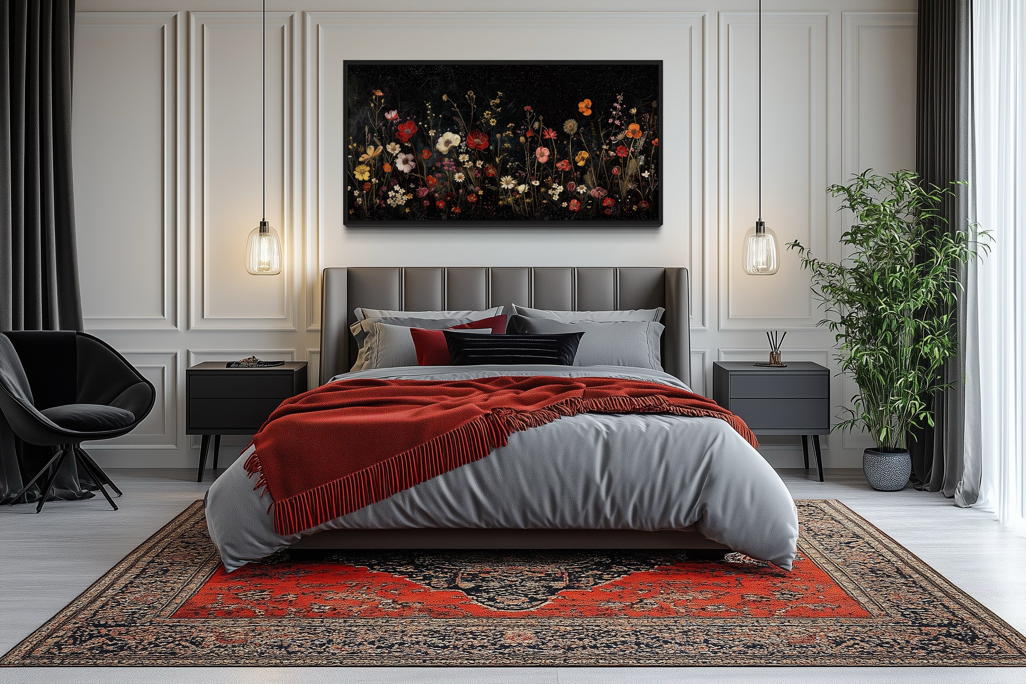 Black Wildflowers Wall Art - Framed Canvas Night Field Painting for Elegant Living Room