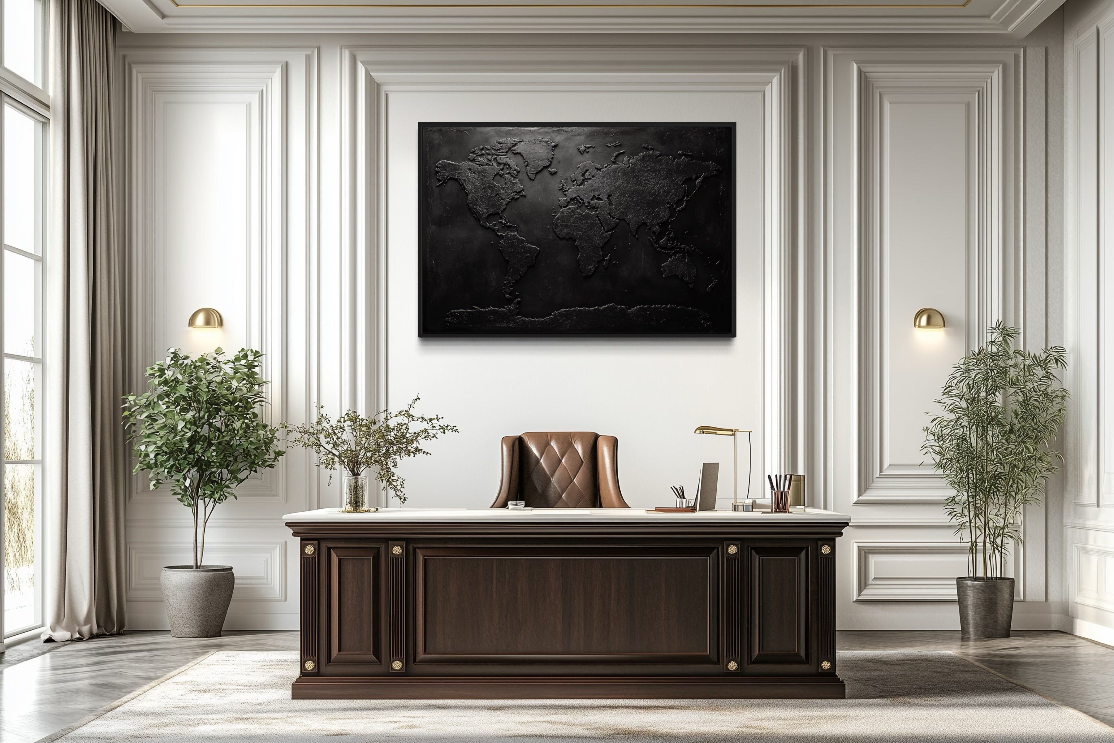 Black World Map Framed Canvas Wall Art For Man Cave Or Office