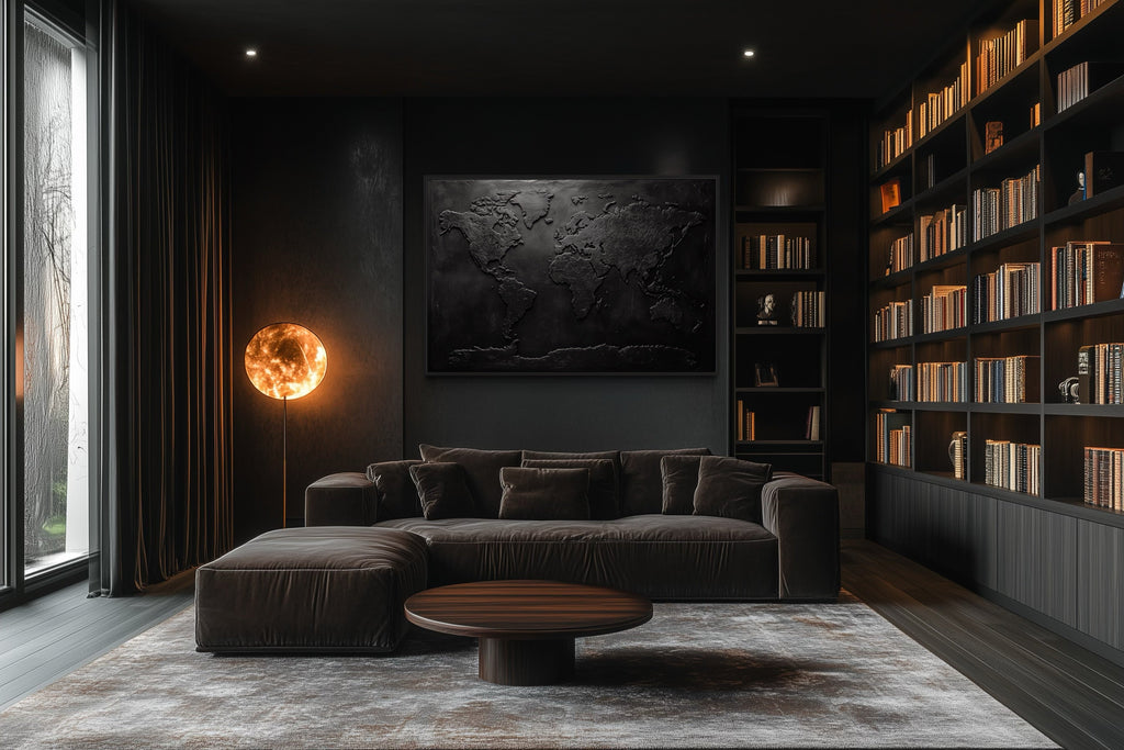 Black World Map Framed Canvas Wall Art For Man Cave Or Office