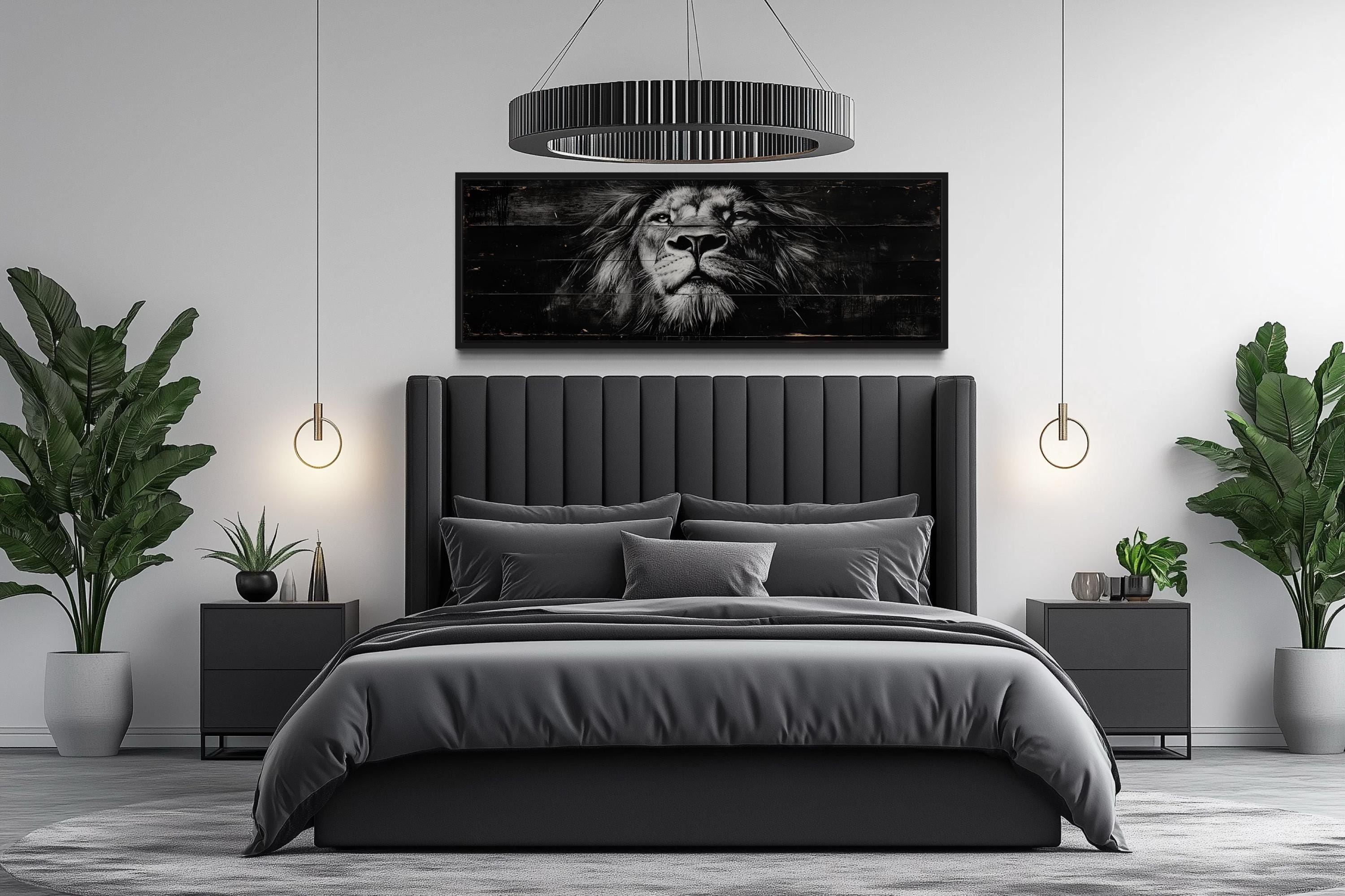 Black and White Lion Long Horizontal Canvas Wall Art For Men