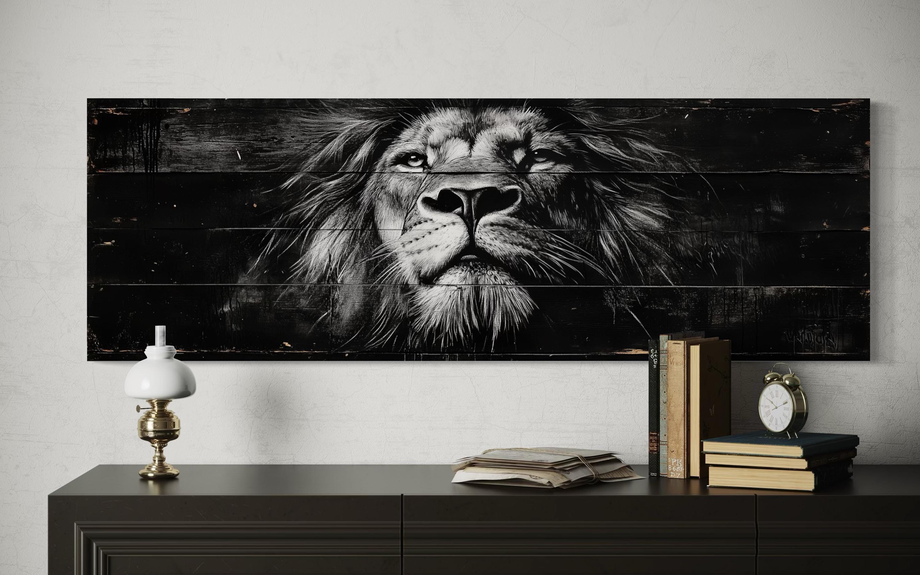 Black and White Lion Long Horizontal Canvas Wall Art For Men