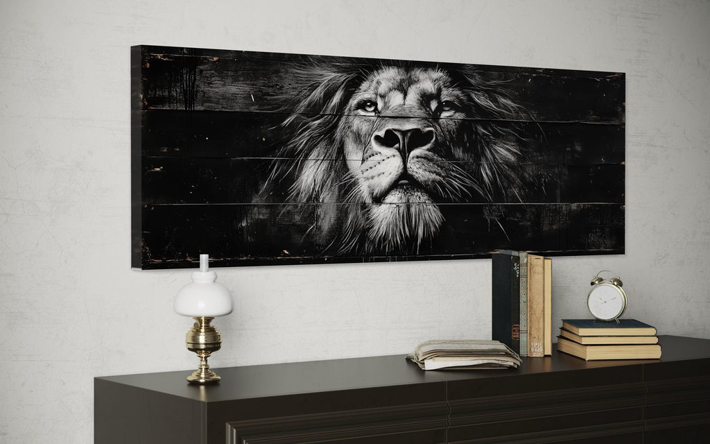 Black and White Lion Long Horizontal Canvas Wall Art For Men