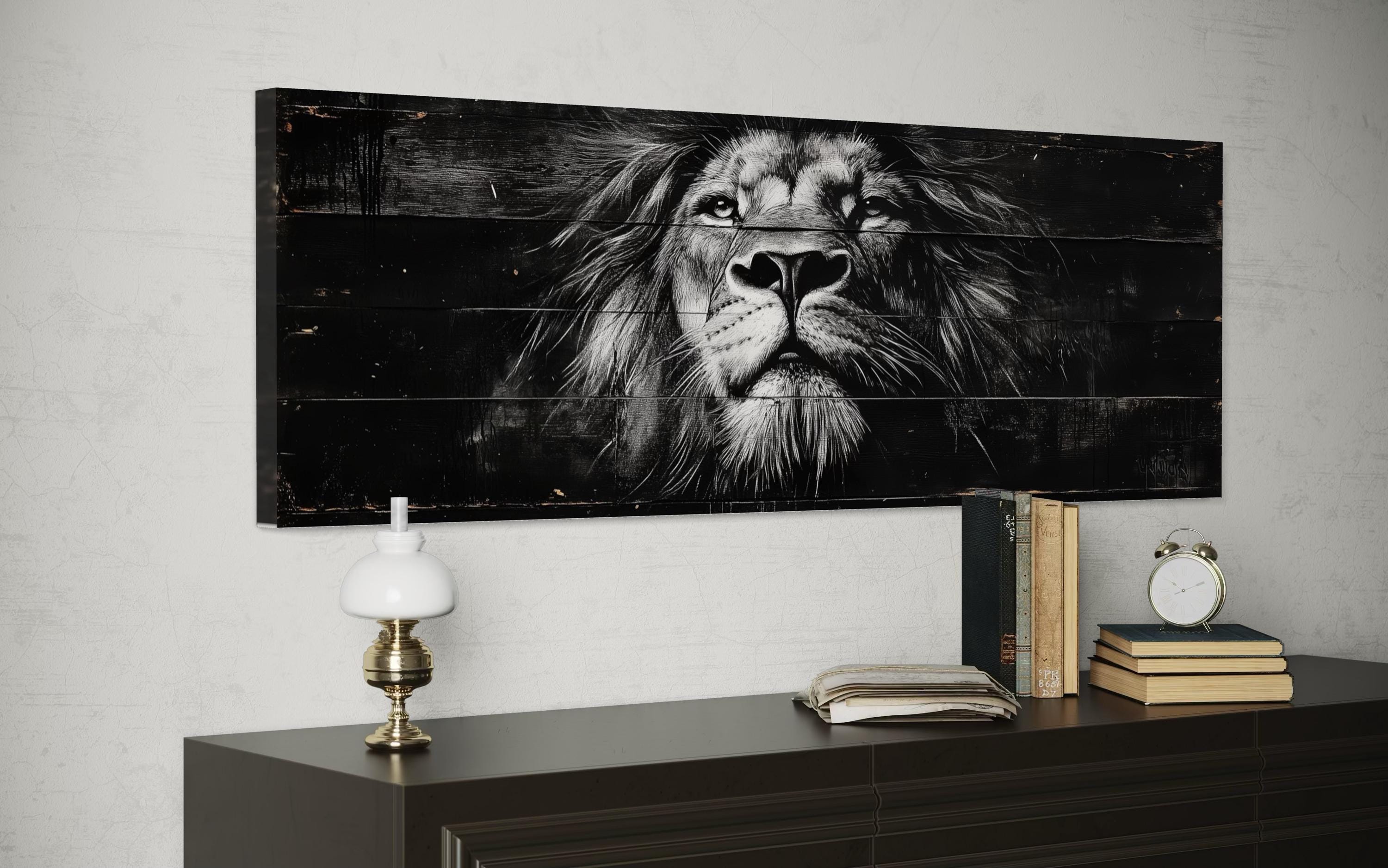 Black and White Lion Long Horizontal Canvas Wall Art For Men