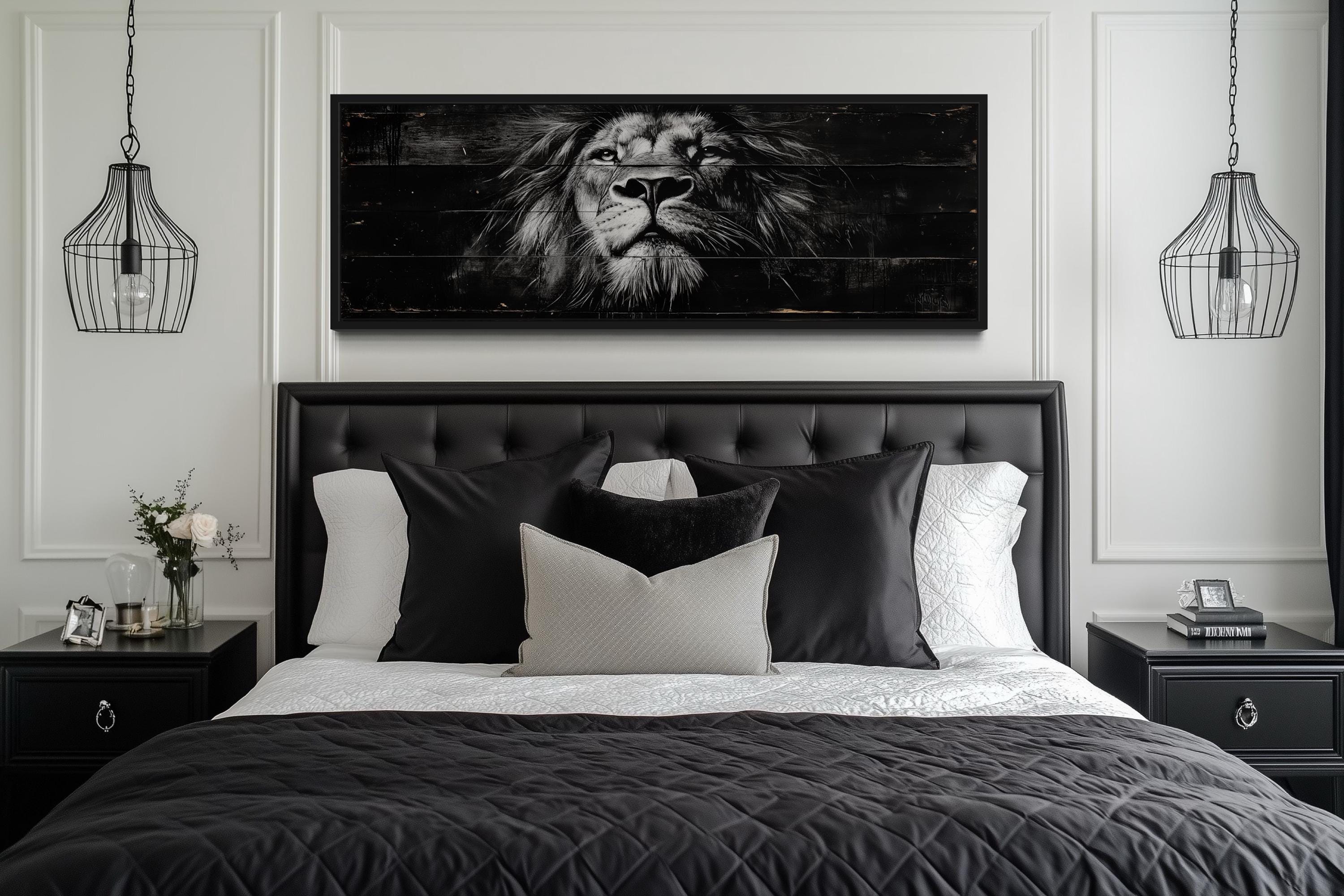 Black and White Lion Long Horizontal Canvas Wall Art For Men
