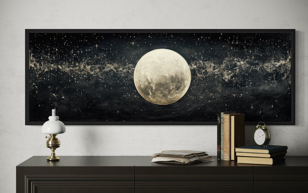 Black and White Moon In Starry Sky Horizontal Above Bed Wall Art