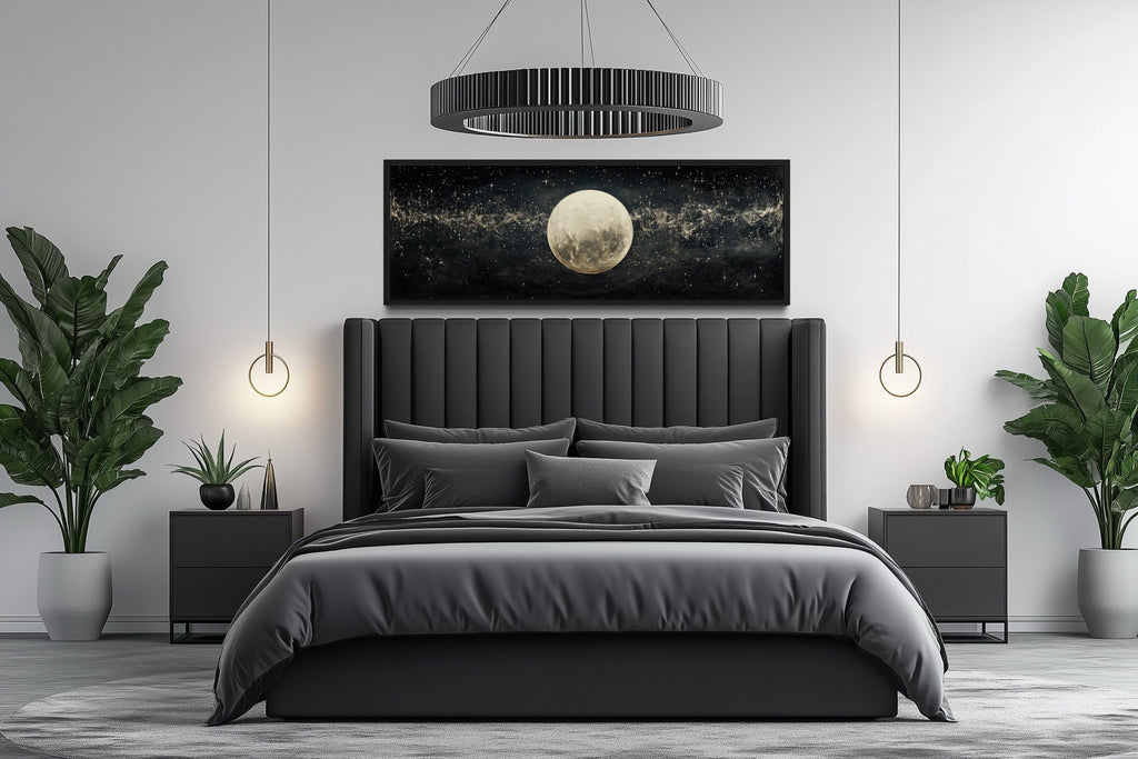 Black and White Moon In Starry Sky Horizontal Above Bed Wall Art