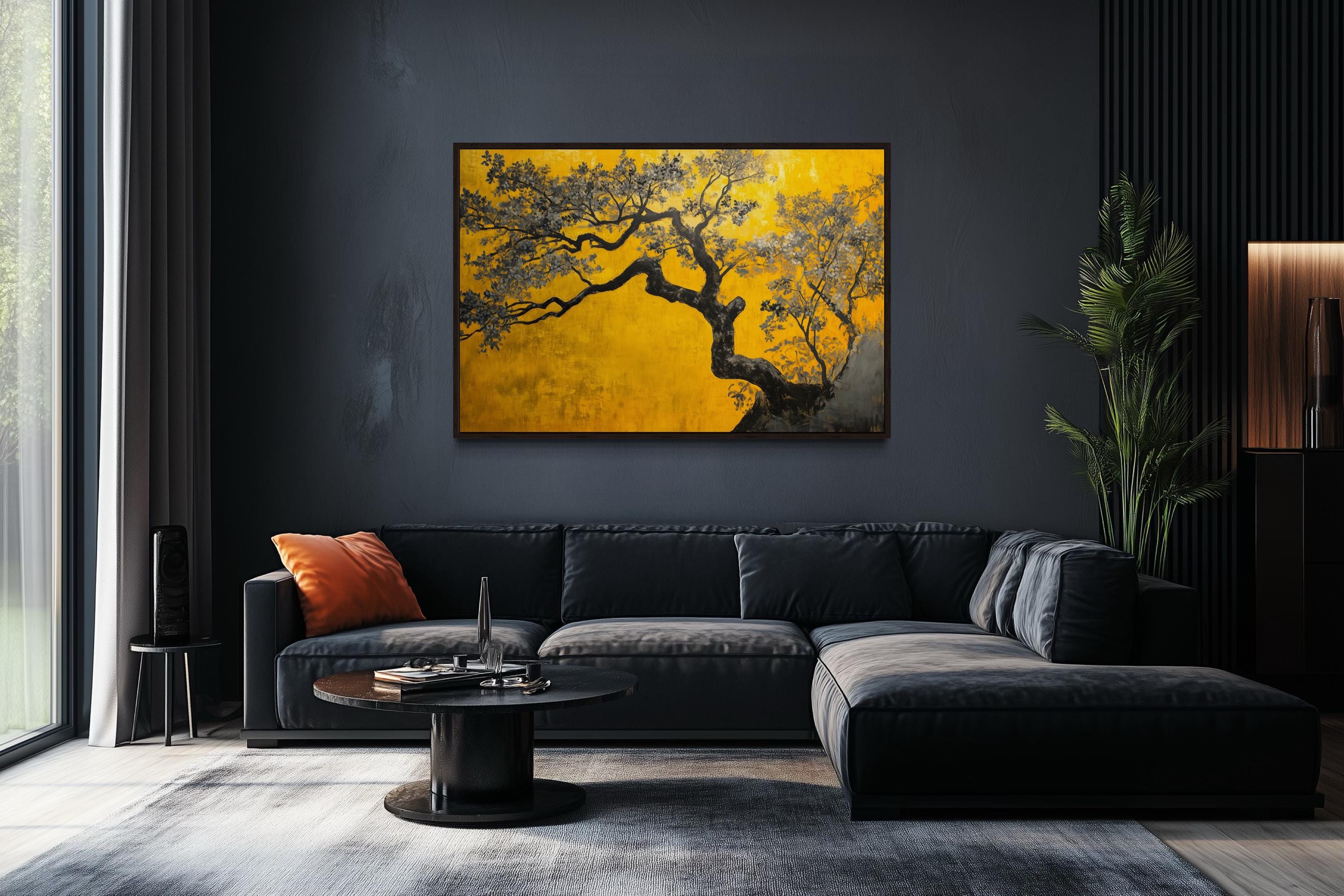 Blossoming Tree On Golden Yellow Background Canvas Print