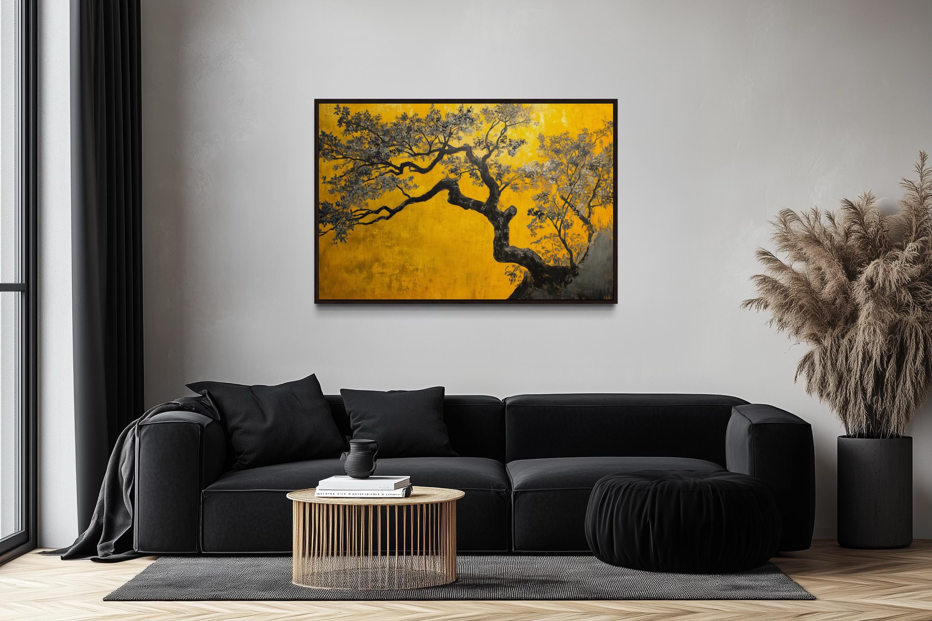 Blossoming Tree On Golden Yellow Background Canvas Print