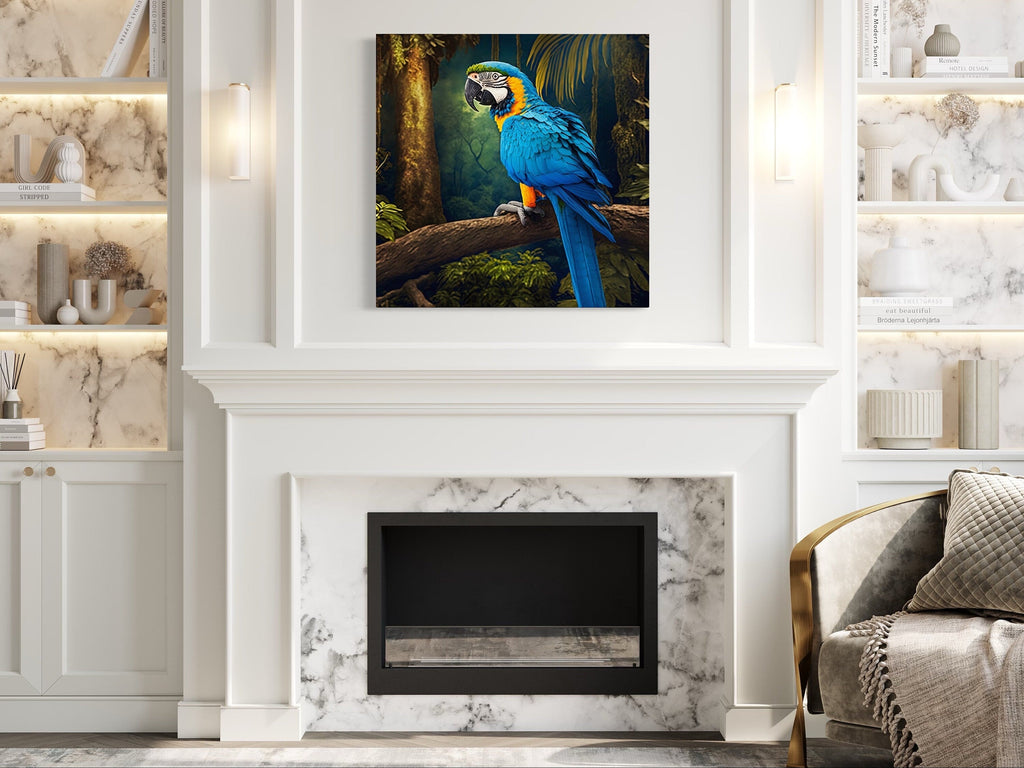 Blue And Yellow Gold Macaw Parrot Framed Canvas Wall Art