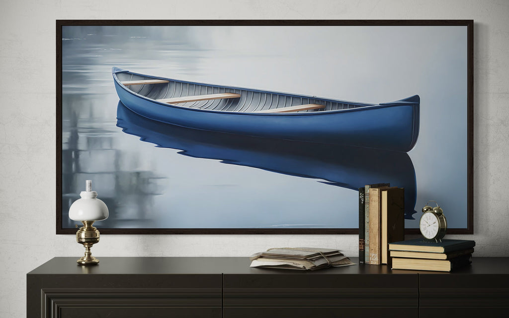 Blue Canoe Wall Art – Framed Canvas Lake House Decor With Serene Water Scene