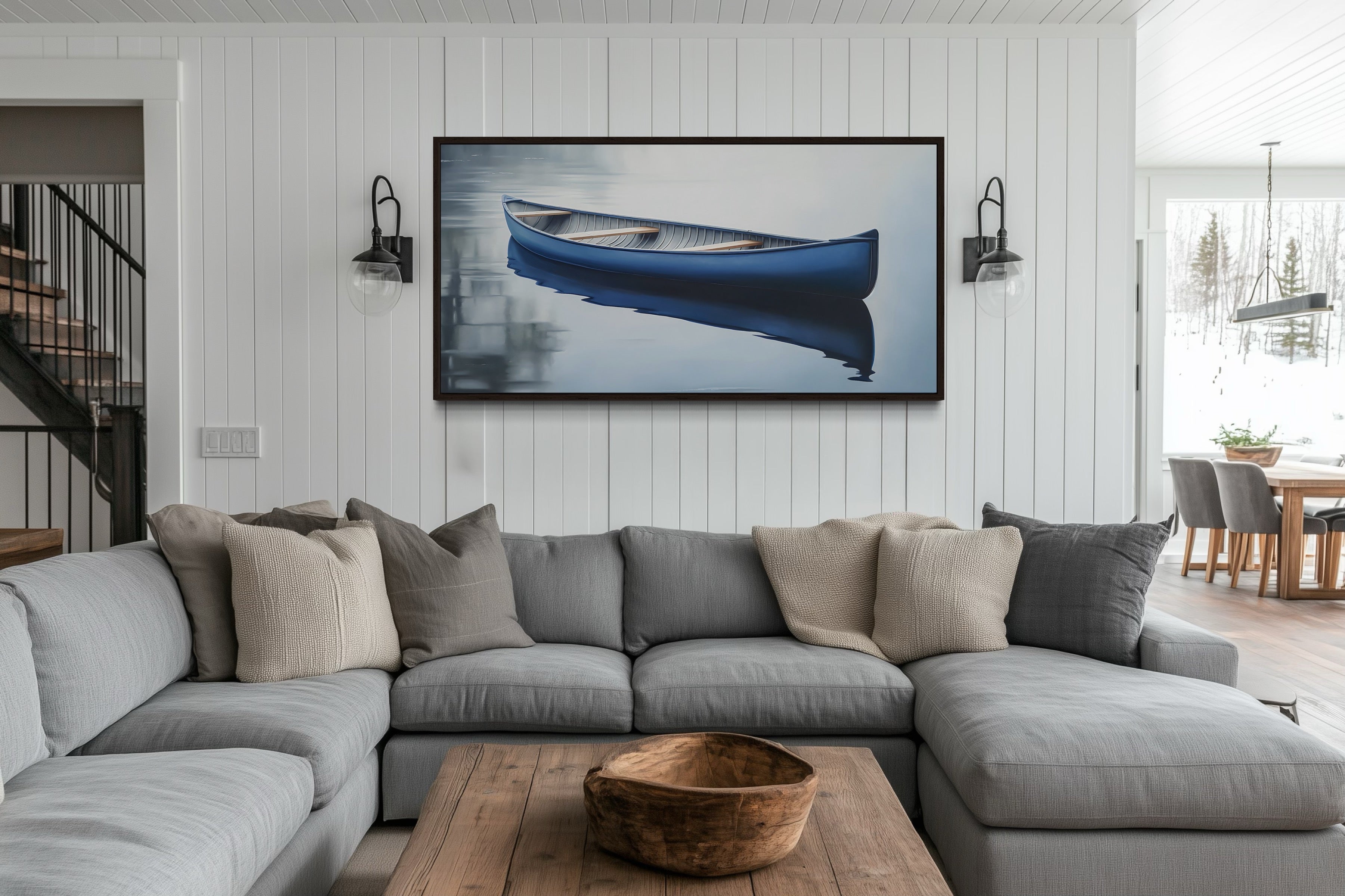 Blue Canoe Wall Art – Framed Canvas Lake House Decor With Serene Water Scene