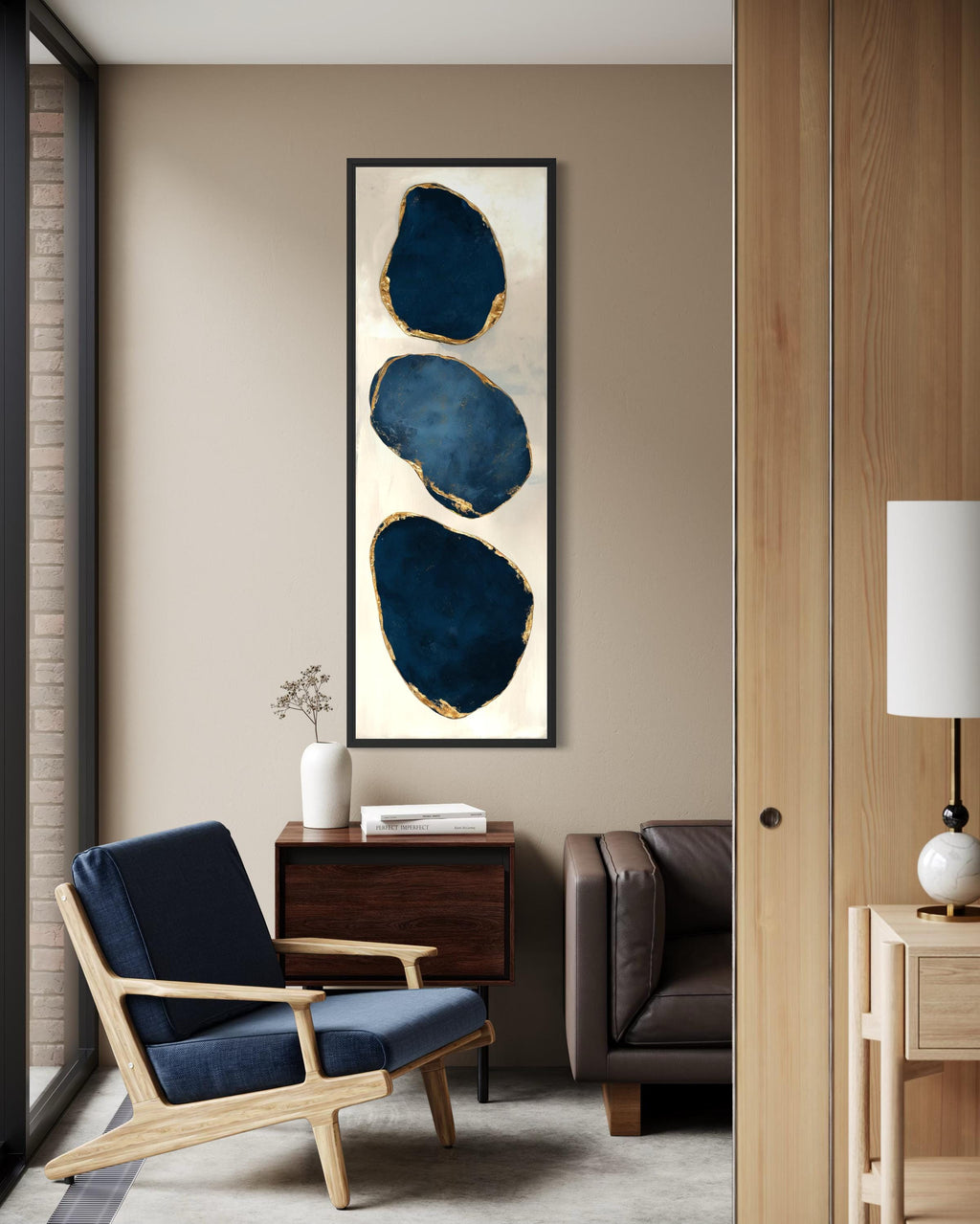 Blue Gold Abstract Stacked Stones Wall Art – Vertical Narrow Canvas Print with Gold Edges for Hallway