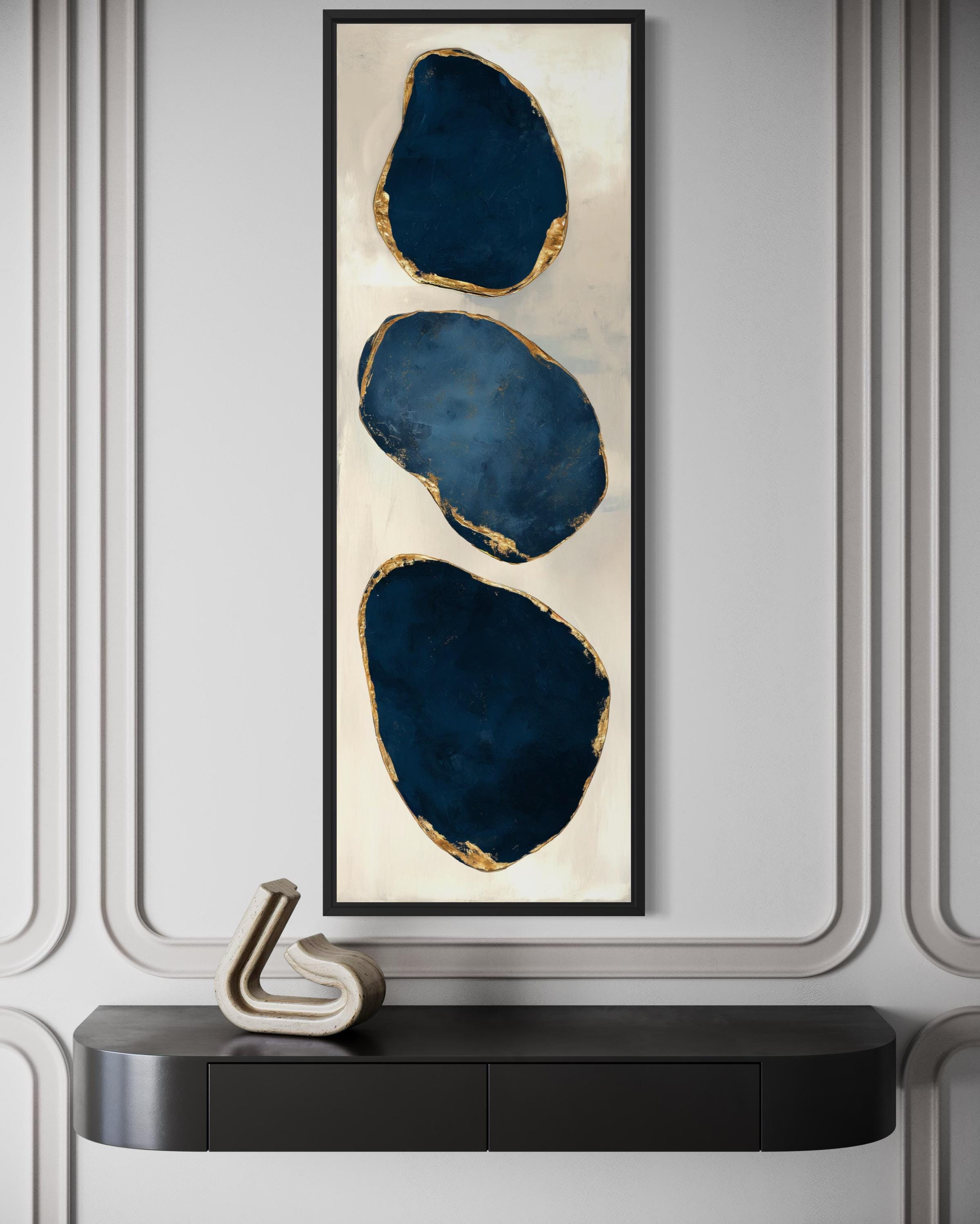 Blue Gold Abstract Stacked Stones Wall Art – Vertical Narrow Canvas Print with Gold Edges for Hallway