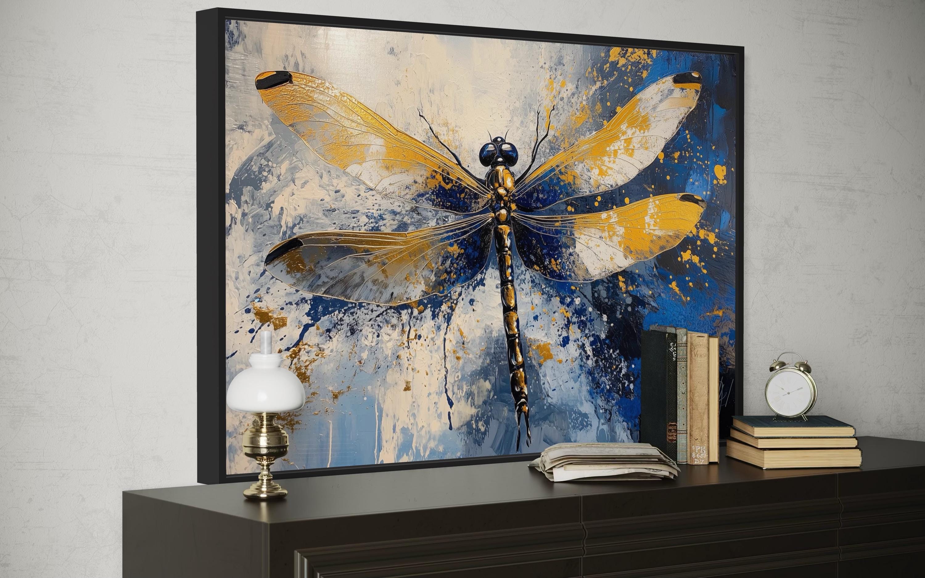 Blue Gold Dragonfly Framed Canvas Wall Art