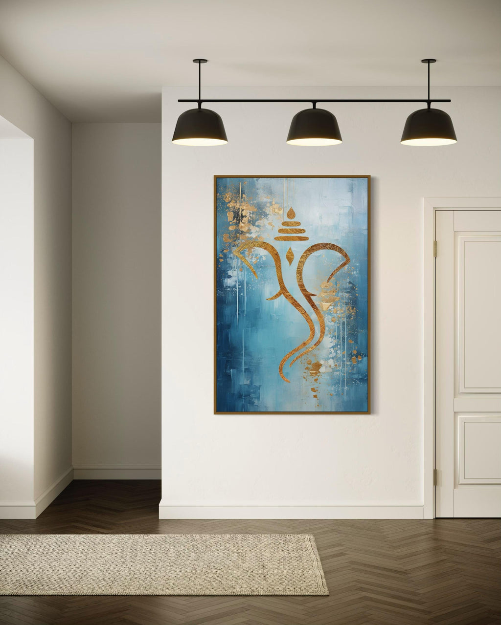 Blue Gold Minimalist Lord Ganesha Framed Canvas Wall Art