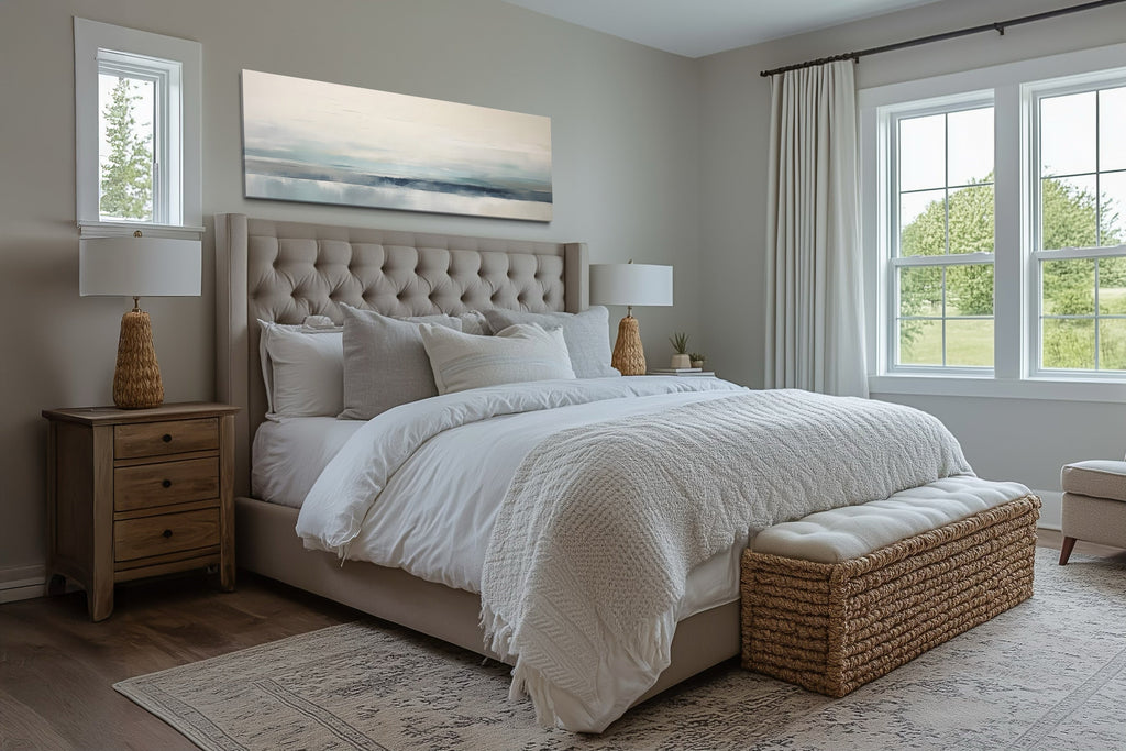 Blue Gray Calm Coastal Over Bed Framed Canvas Wall Art