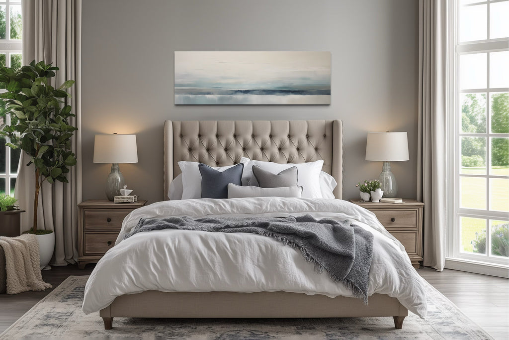 Blue Gray Calm Coastal Over Bed Framed Canvas Wall Art