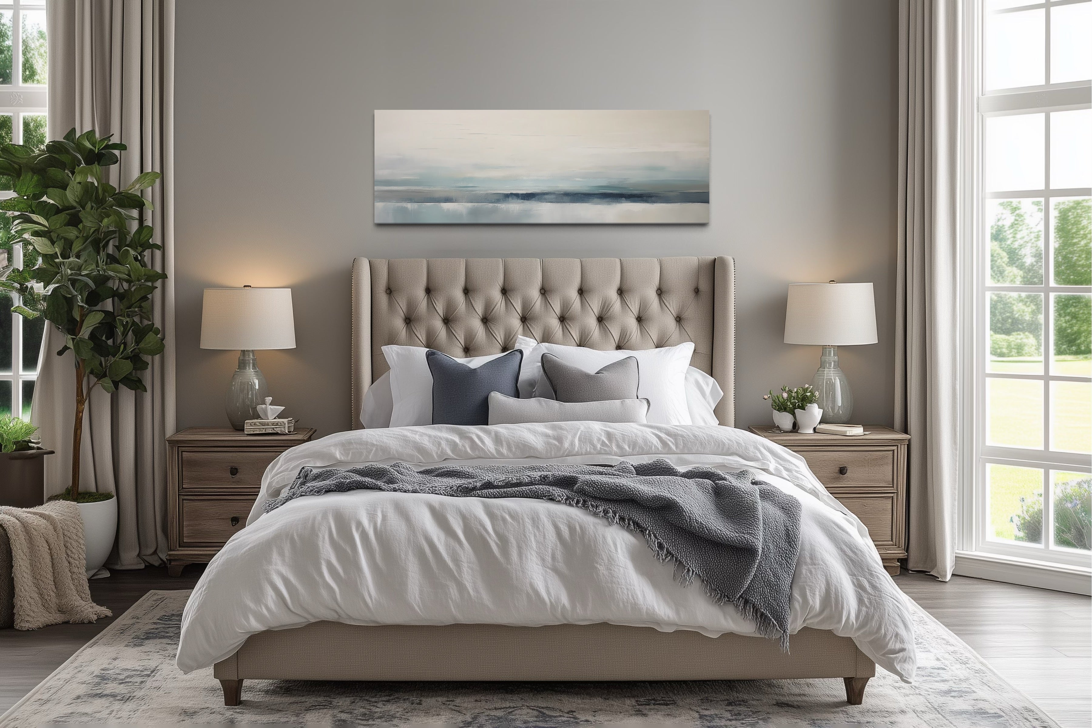 Blue Gray Calm Coastal Over Bed Framed Canvas Wall Art