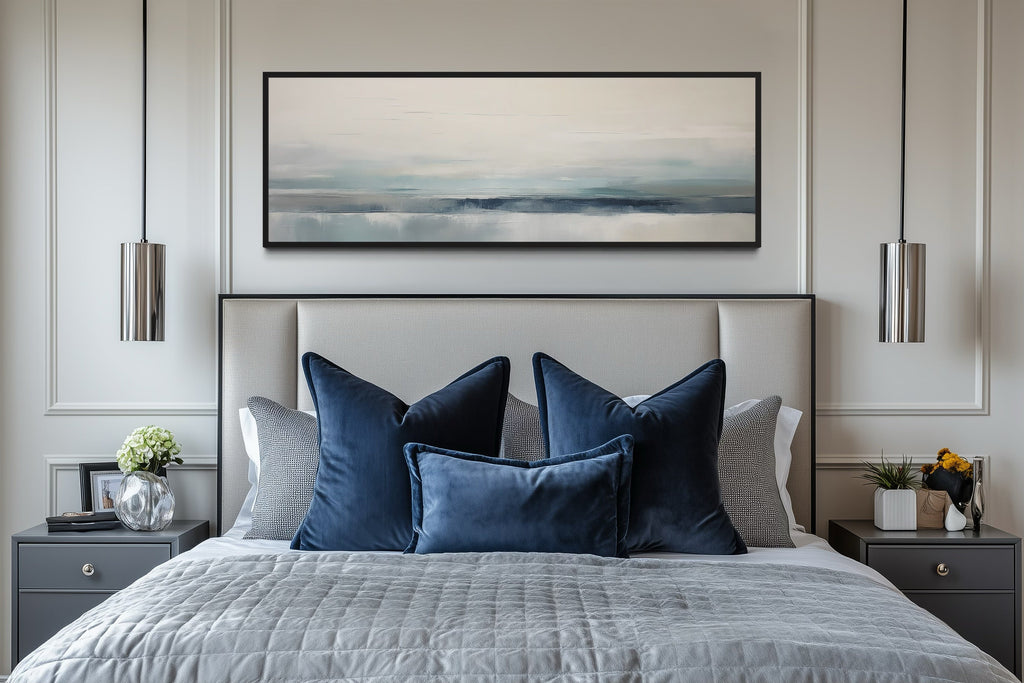 Blue Gray Calm Coastal Over Bed Framed Canvas Wall Art