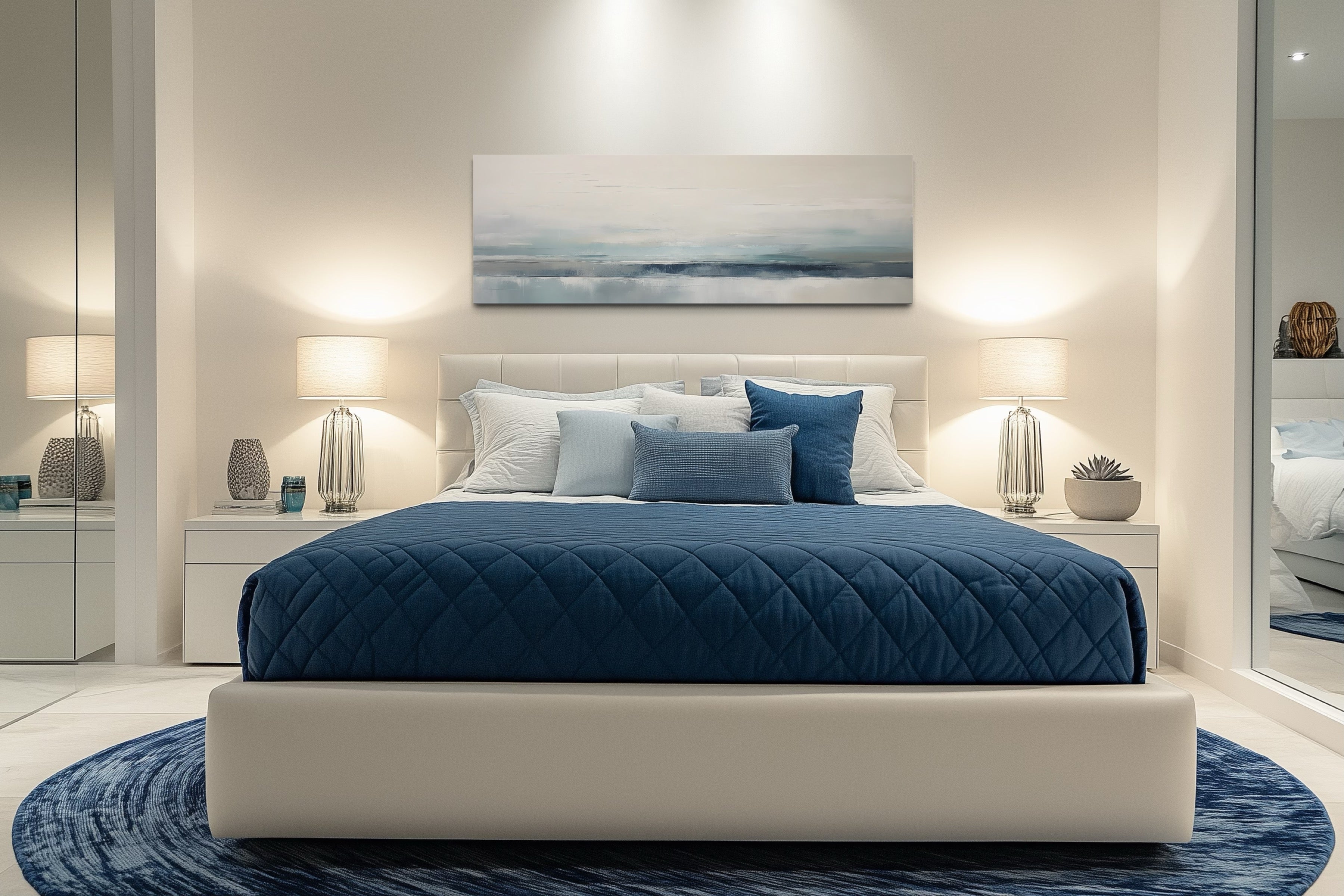 Blue Gray Calm Coastal Over Bed Framed Canvas Wall Art