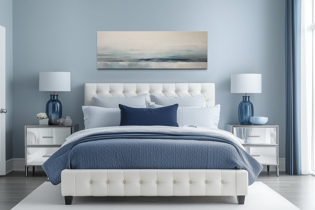 Blue Gray Calm Coastal Over Bed Framed Canvas Wall Art