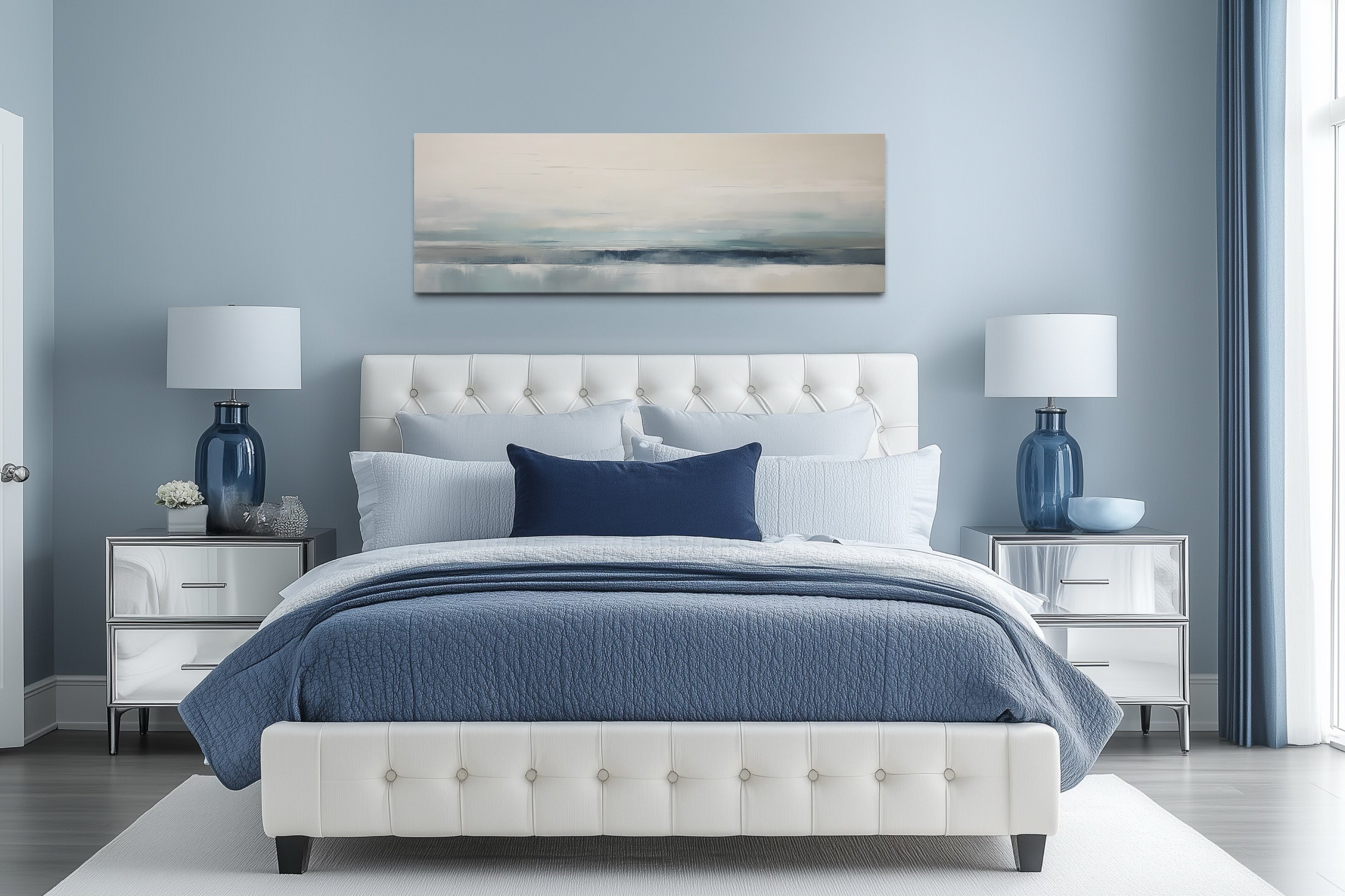 Blue Gray Calm Coastal Over Bed Framed Canvas Wall Art