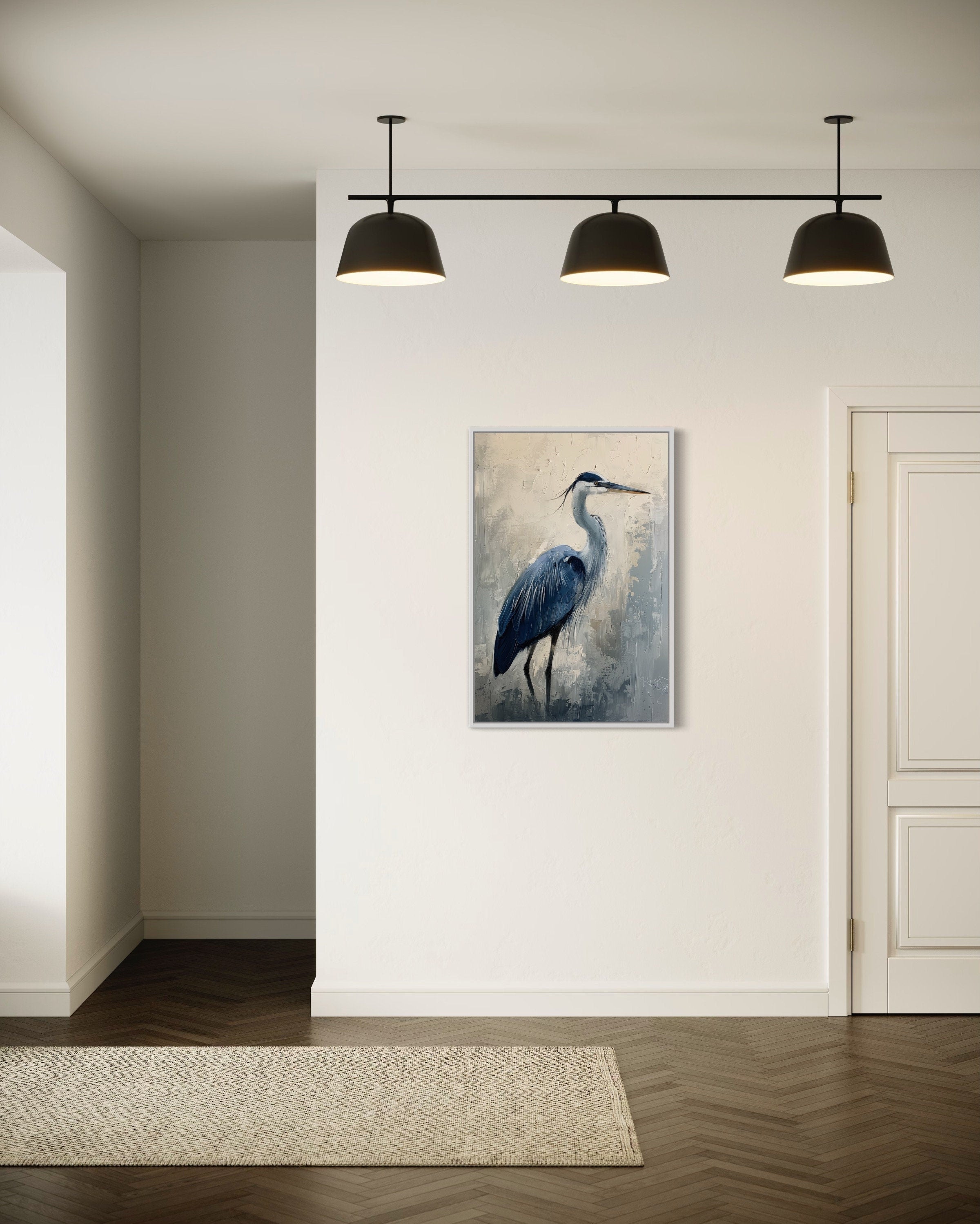 Blue Heron Abstract Painting Coastal Framed Canvas Wall Art