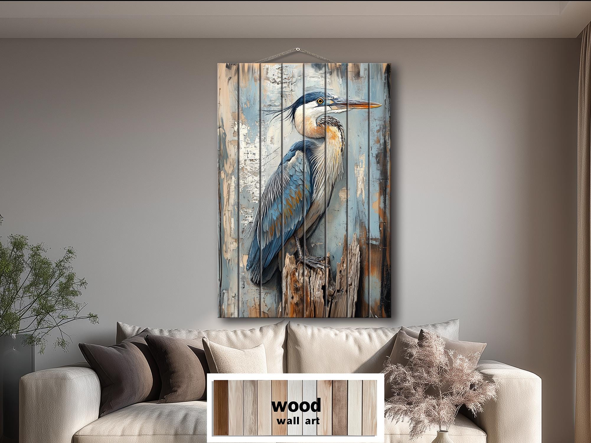 Blue Heron On Driftwood Distressed Wood Wall Art
