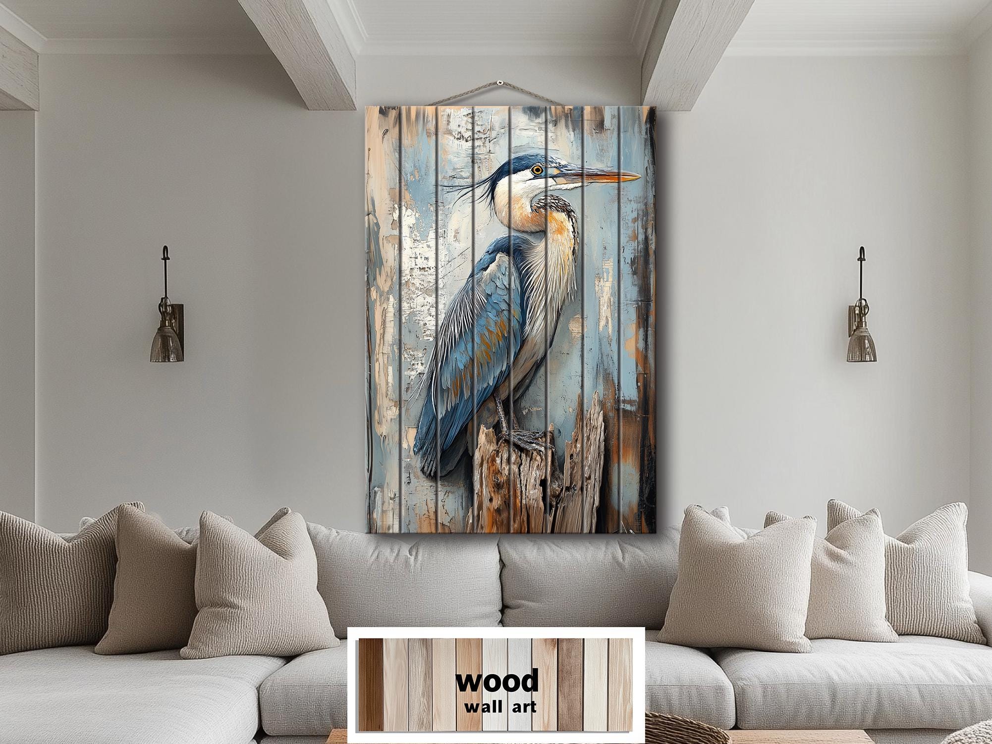 Blue Heron On Driftwood Distressed Wood Wall Art