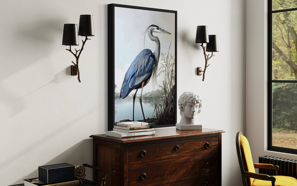 Blue Heron Painting Coastal Framed Canvas Wall Art