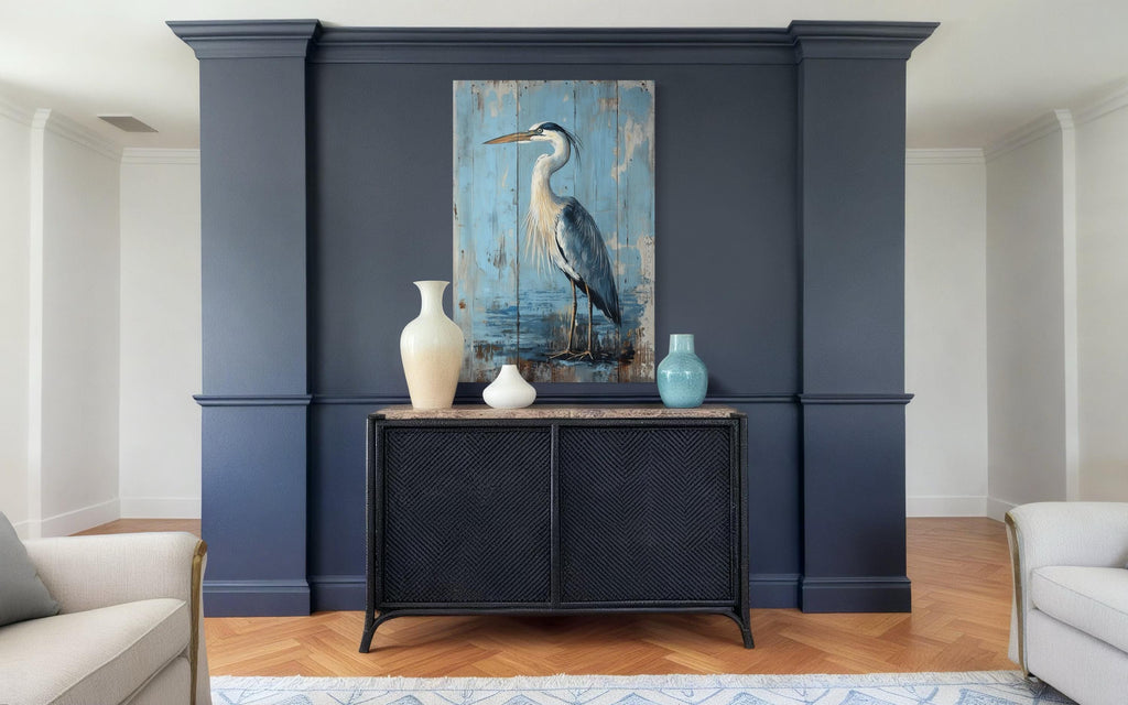 Blue Heron Painting On Wood Rustic Canvas Wall Art