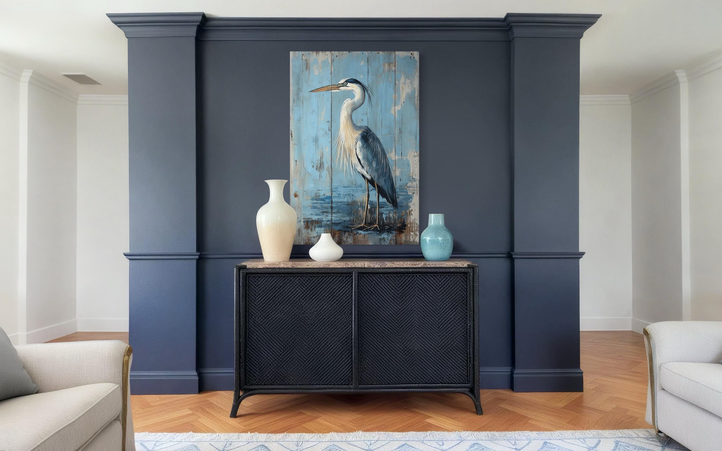 Blue Heron Painting On Wood Rustic Canvas Wall Art