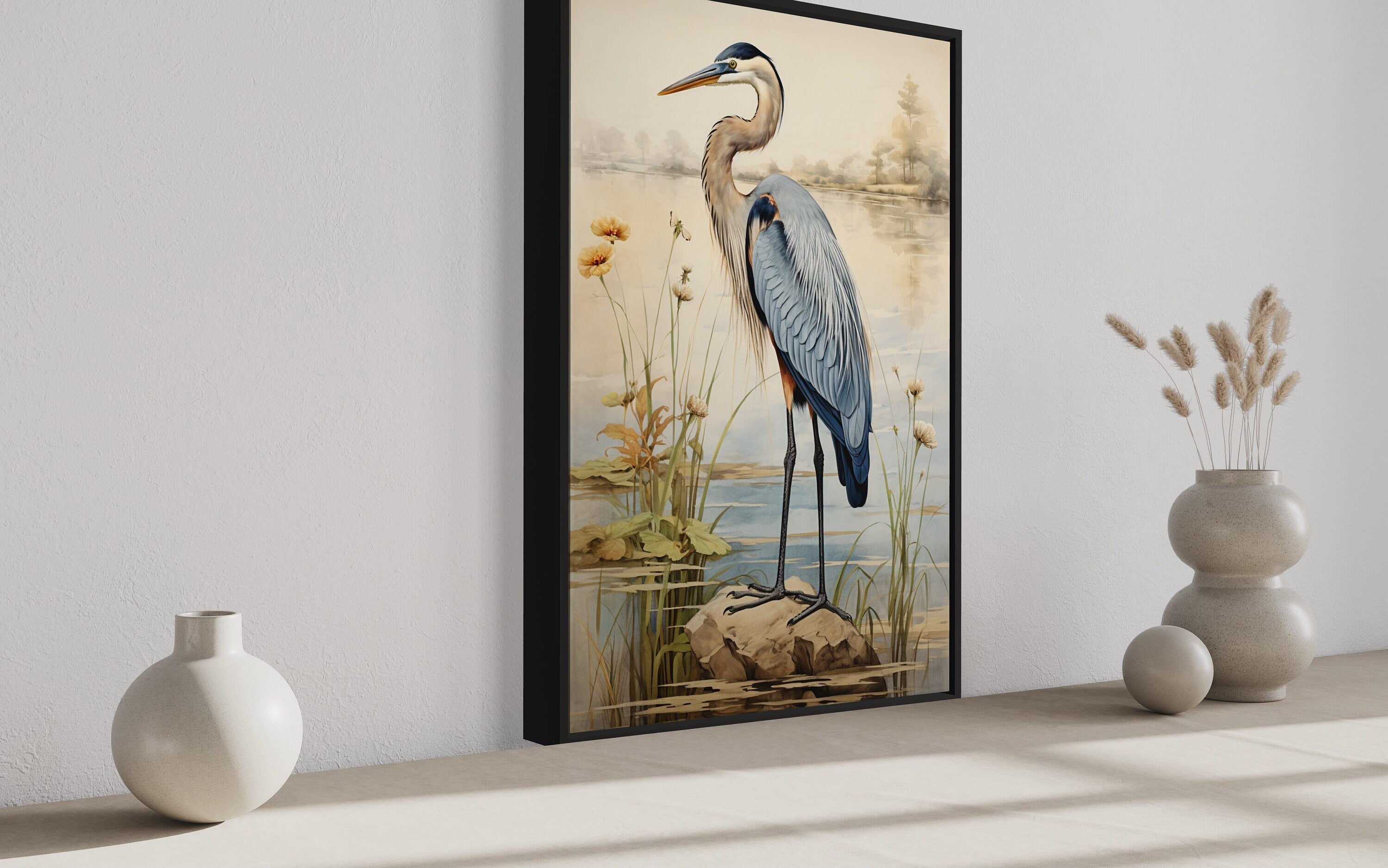 Blue Heron Vintage Framed Canvas Wall Art