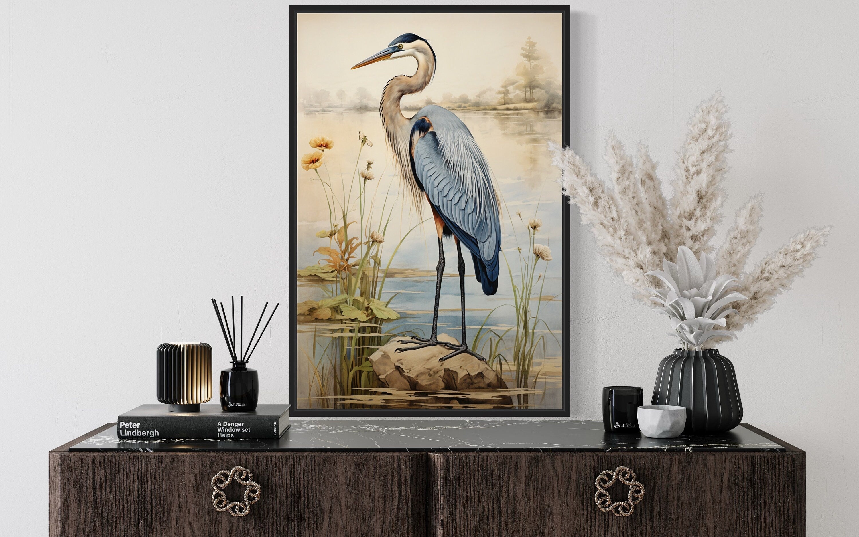 Blue Heron Vintage Framed Canvas Wall Art