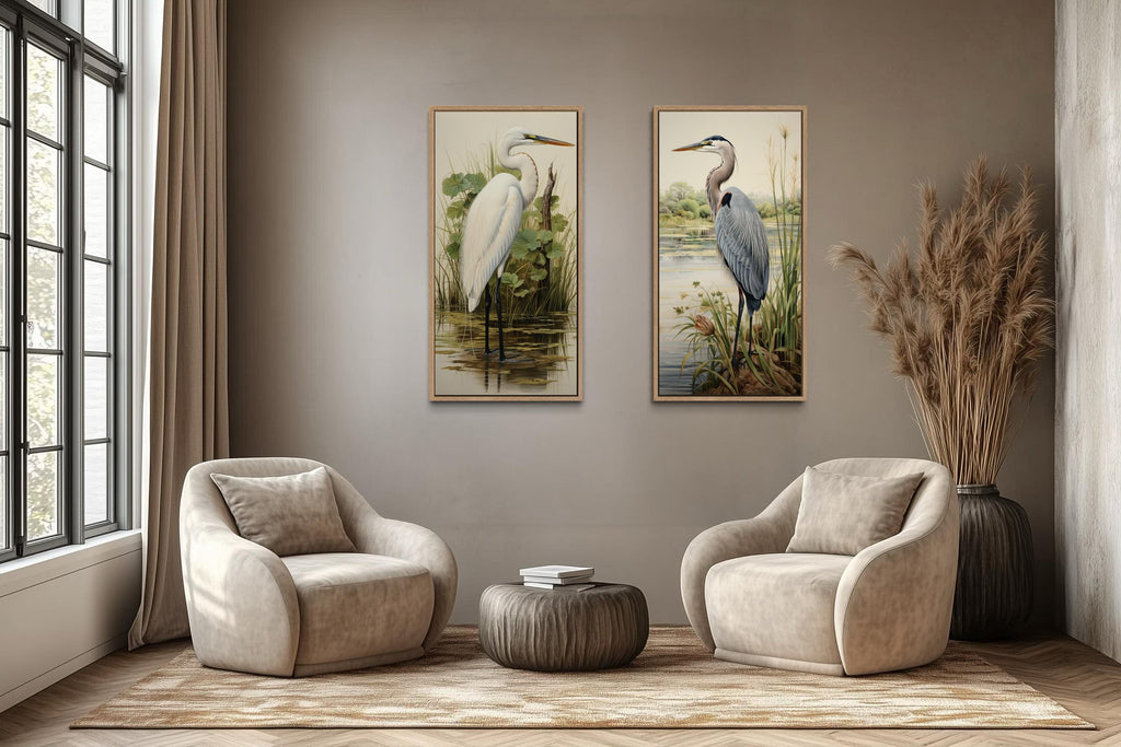 Blue Heron and Egret  Set of 2 Canvas Wall Art For Lake House Decor