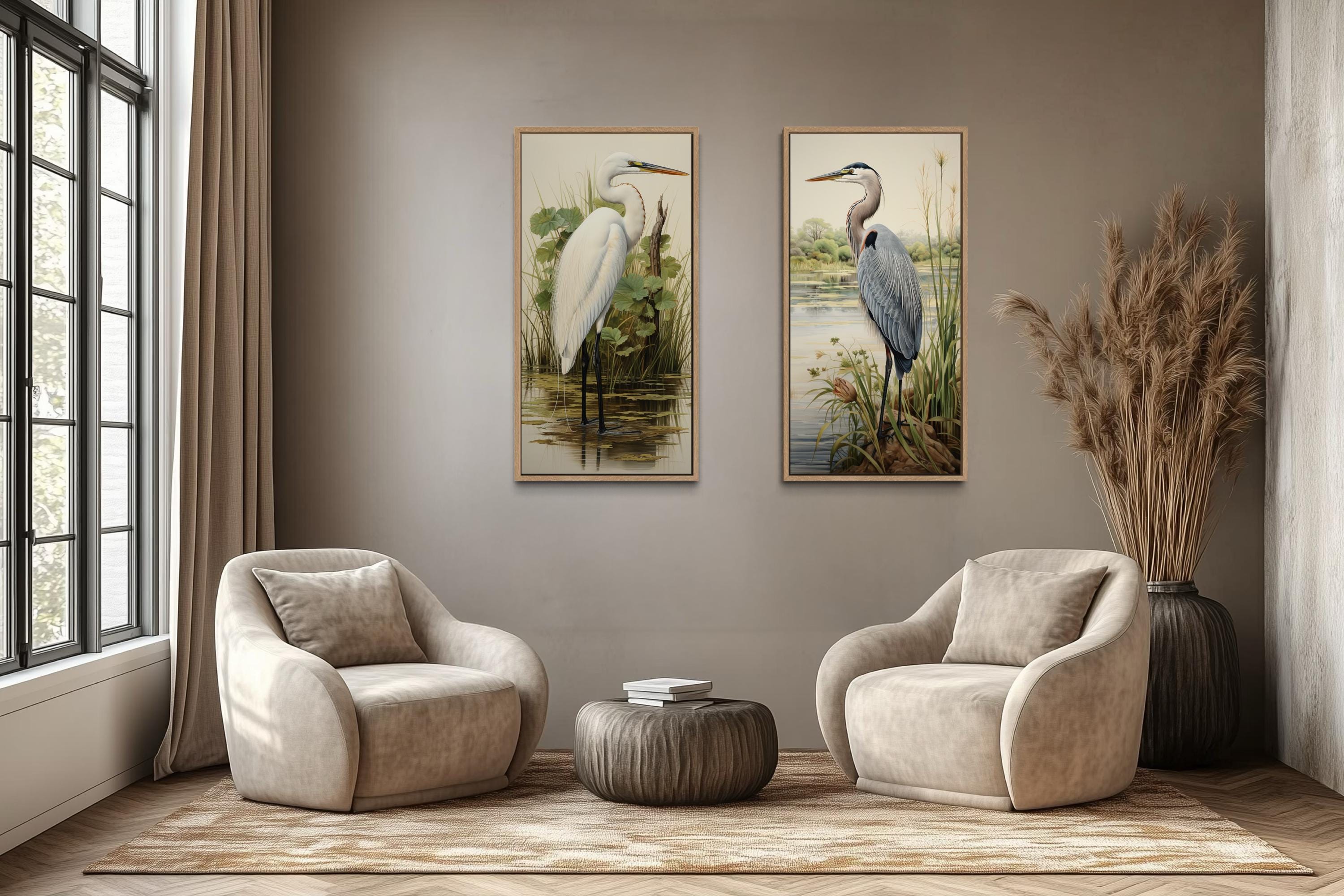 Blue Heron and Egret  Set of 2 Canvas Wall Art For Lake House Decor