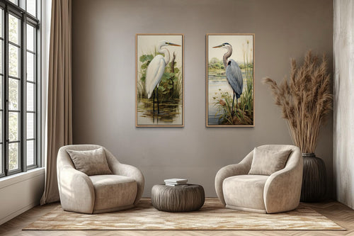 Blue Heron and Egret  Set of 2 Canvas Wall Art For Lake House Decor