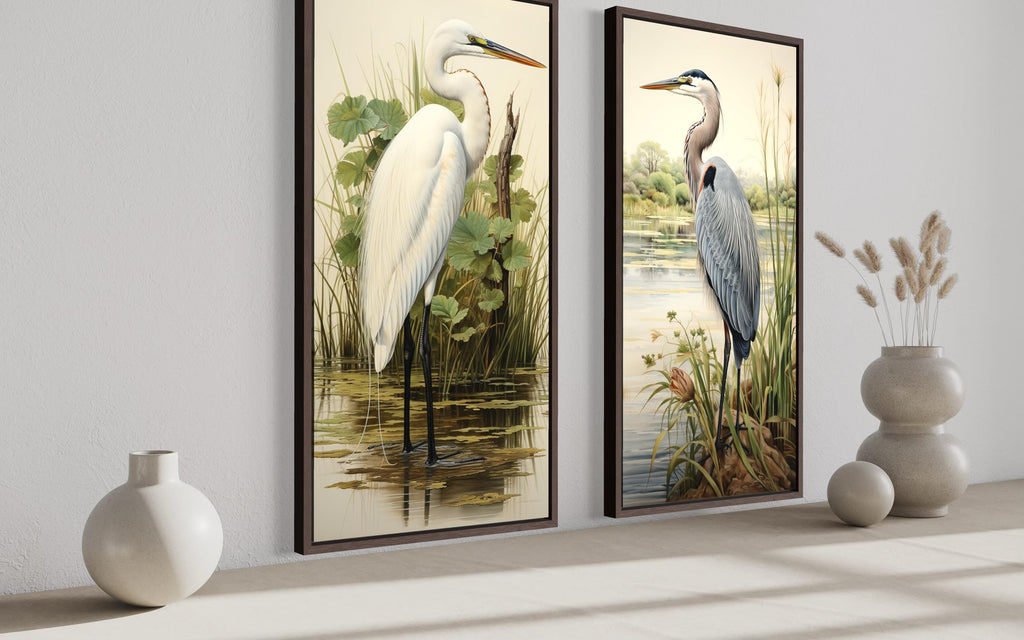 Blue Heron and Egret  Set of 2 Canvas Wall Art For Lake House Decor