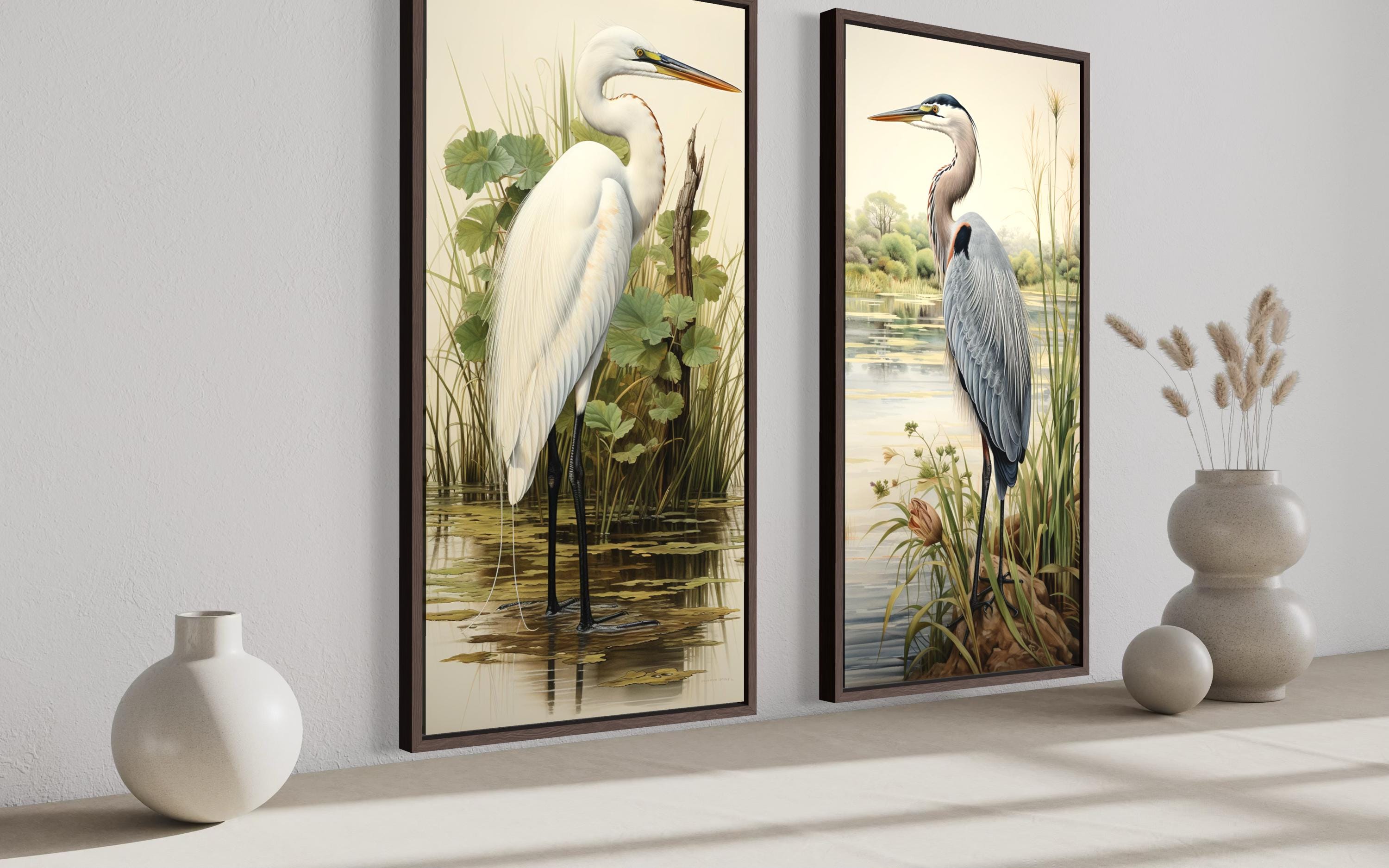 Blue Heron and Egret  Set of 2 Canvas Wall Art For Lake House Decor