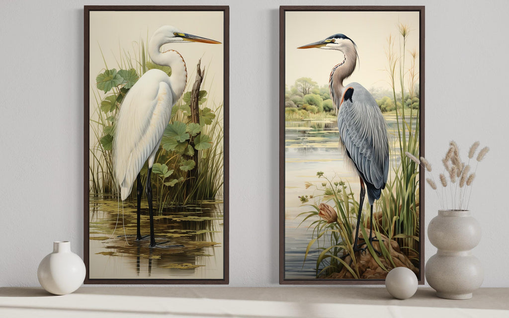 Blue Heron and Egret  Set of 2 Canvas Wall Art For Lake House Decor