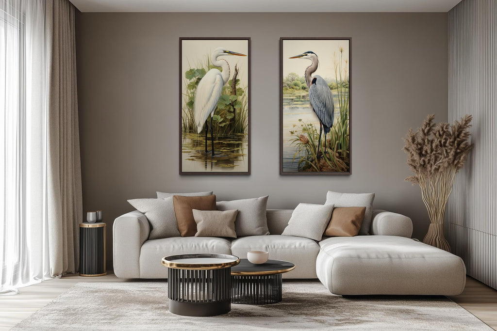 Blue Heron and Egret  Set of 2 Canvas Wall Art For Lake House Decor
