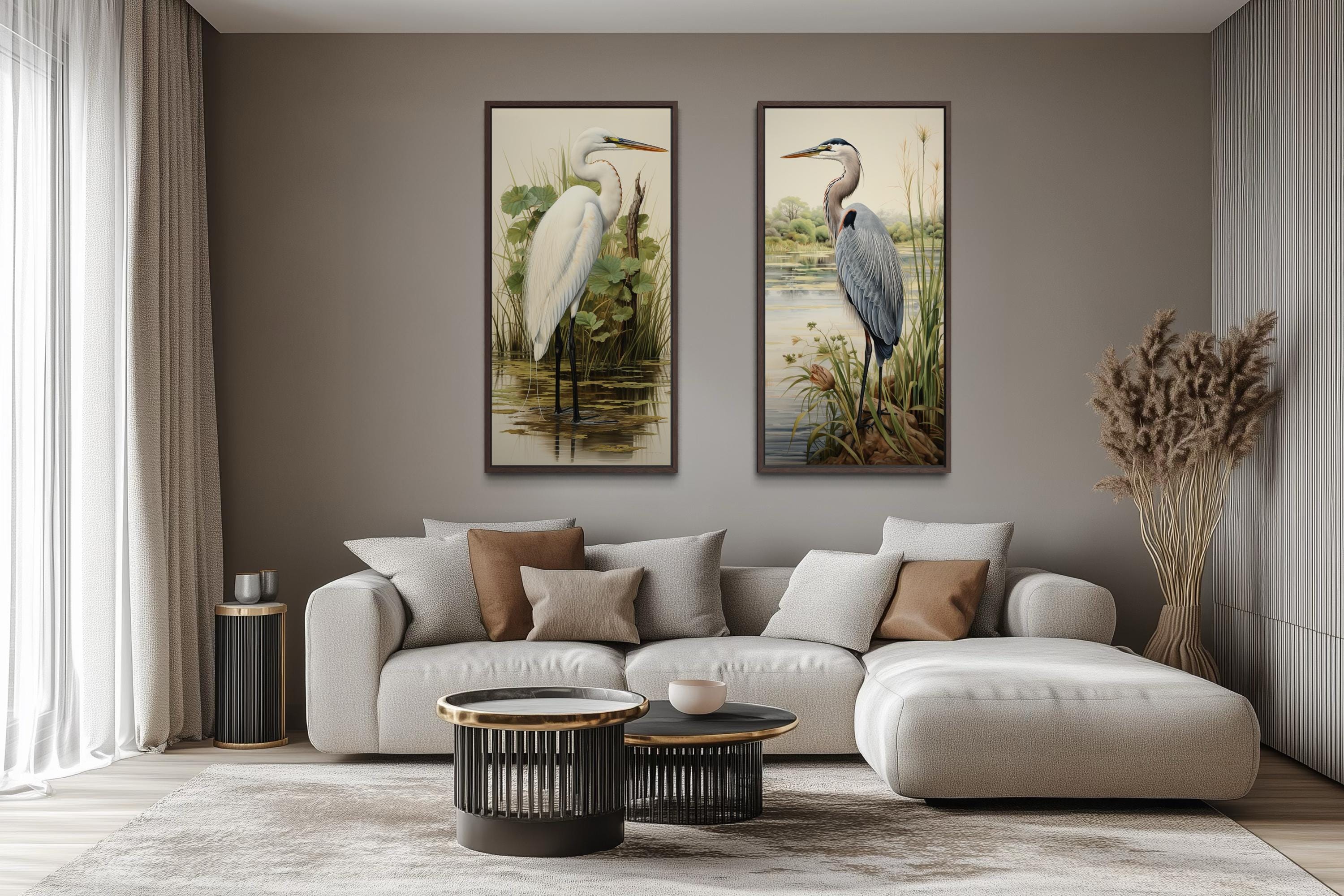 Blue Heron and Egret  Set of 2 Canvas Wall Art For Lake House Decor