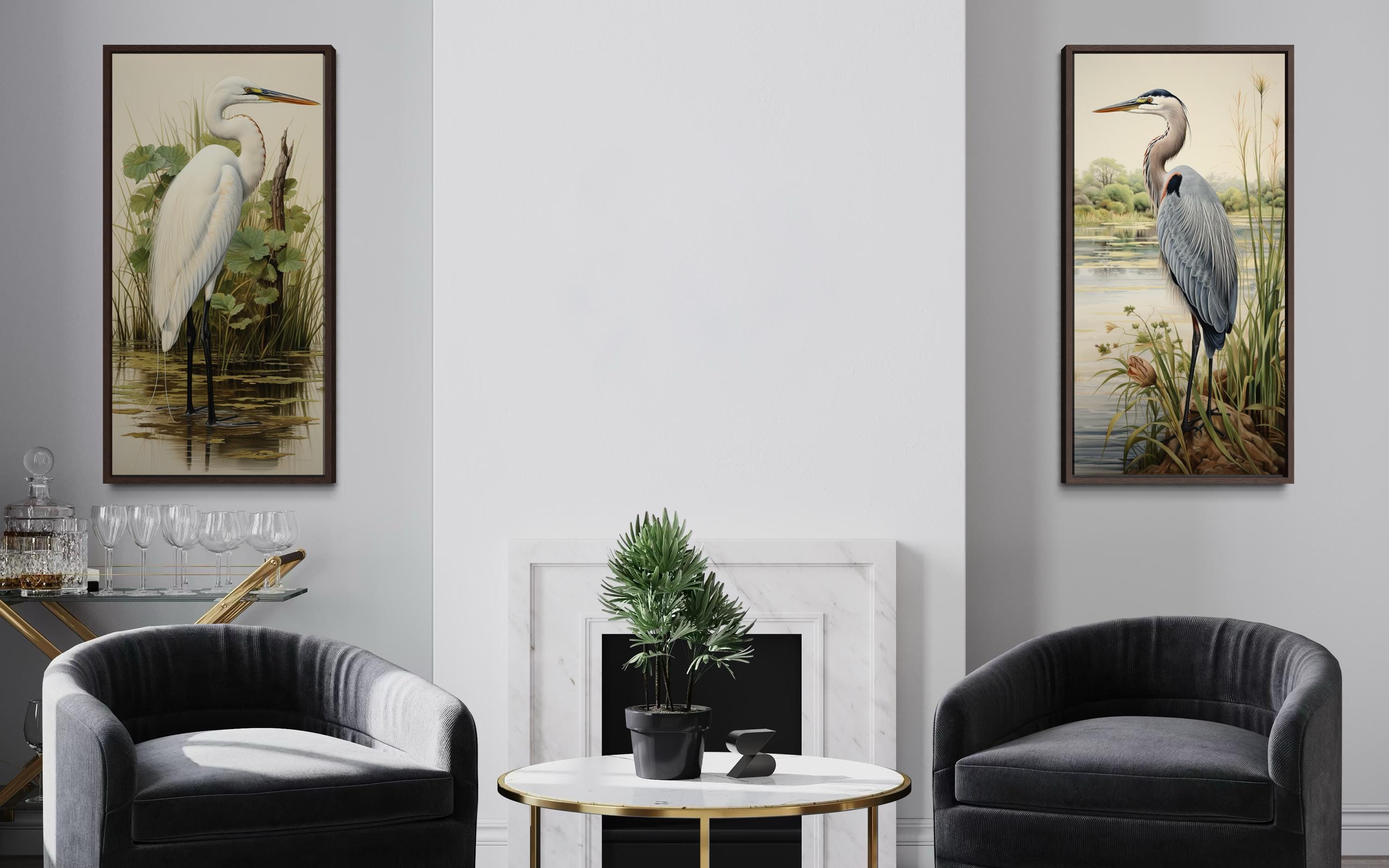 Blue Heron and Egret  Set of 2 Canvas Wall Art For Lake House Decor