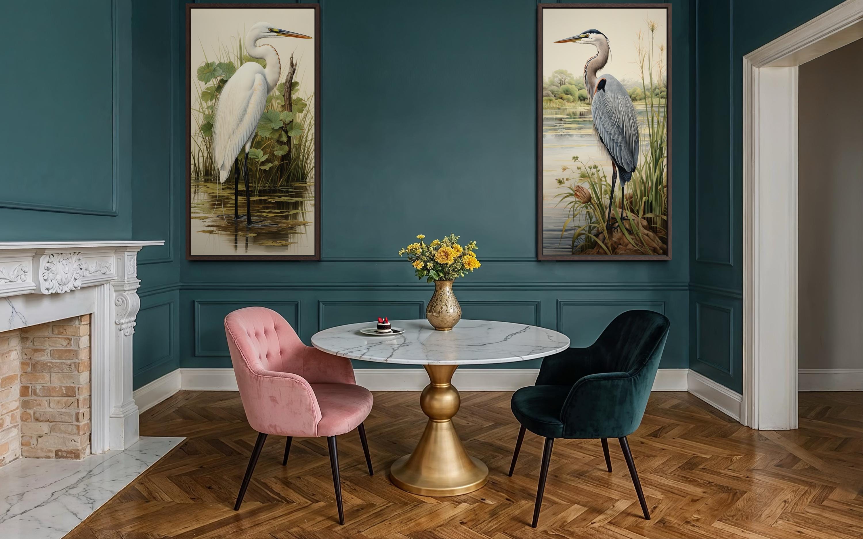 Blue Heron and Egret  Set of 2 Canvas Wall Art For Lake House Decor