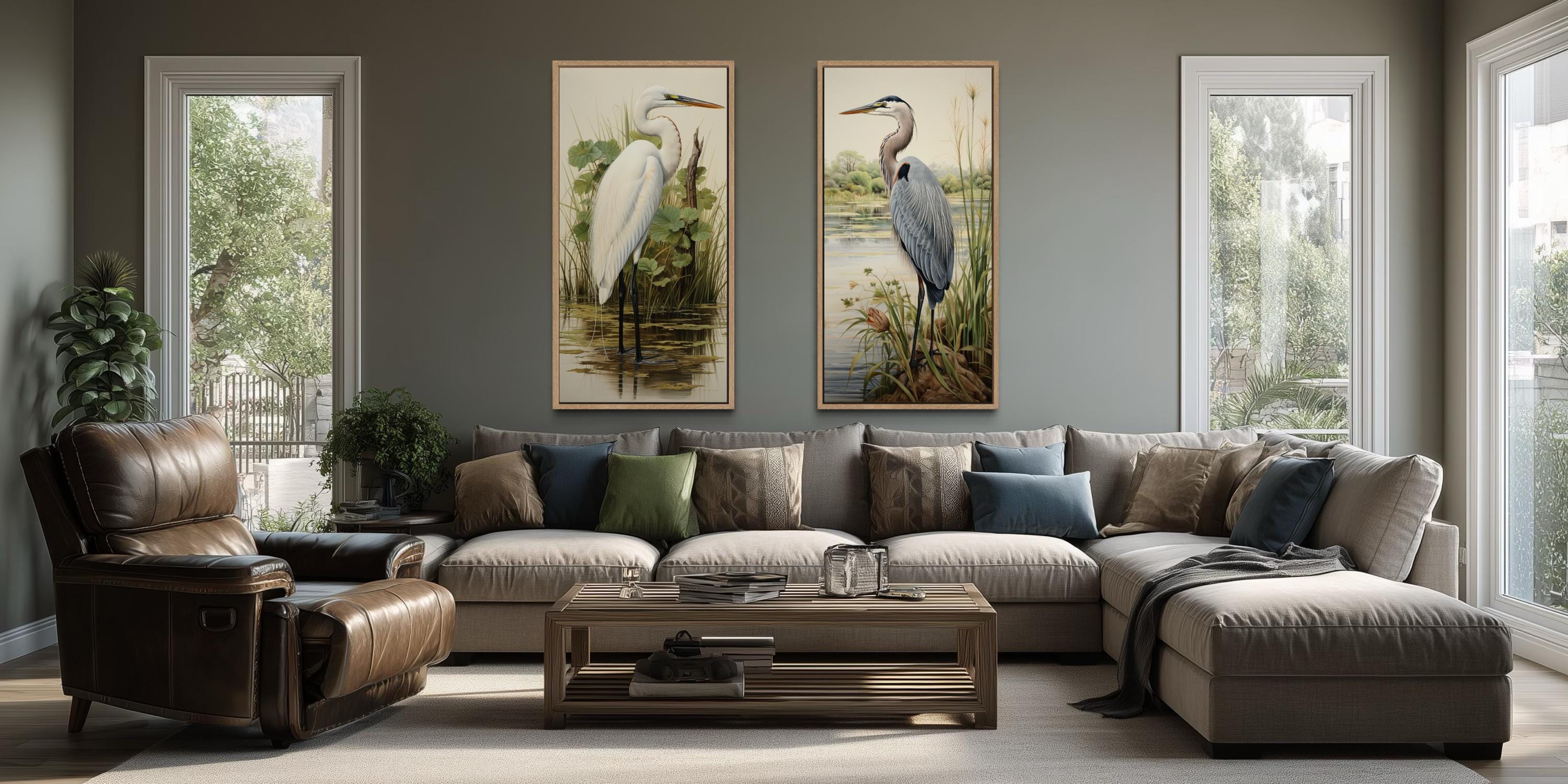 Blue Heron and Egret  Set of 2 Canvas Wall Art For Lake House Decor
