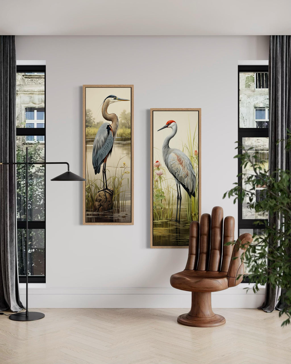Blue Heron and Sandhill Crane Tall Vertical  Set of 2 Canvas Wall Art