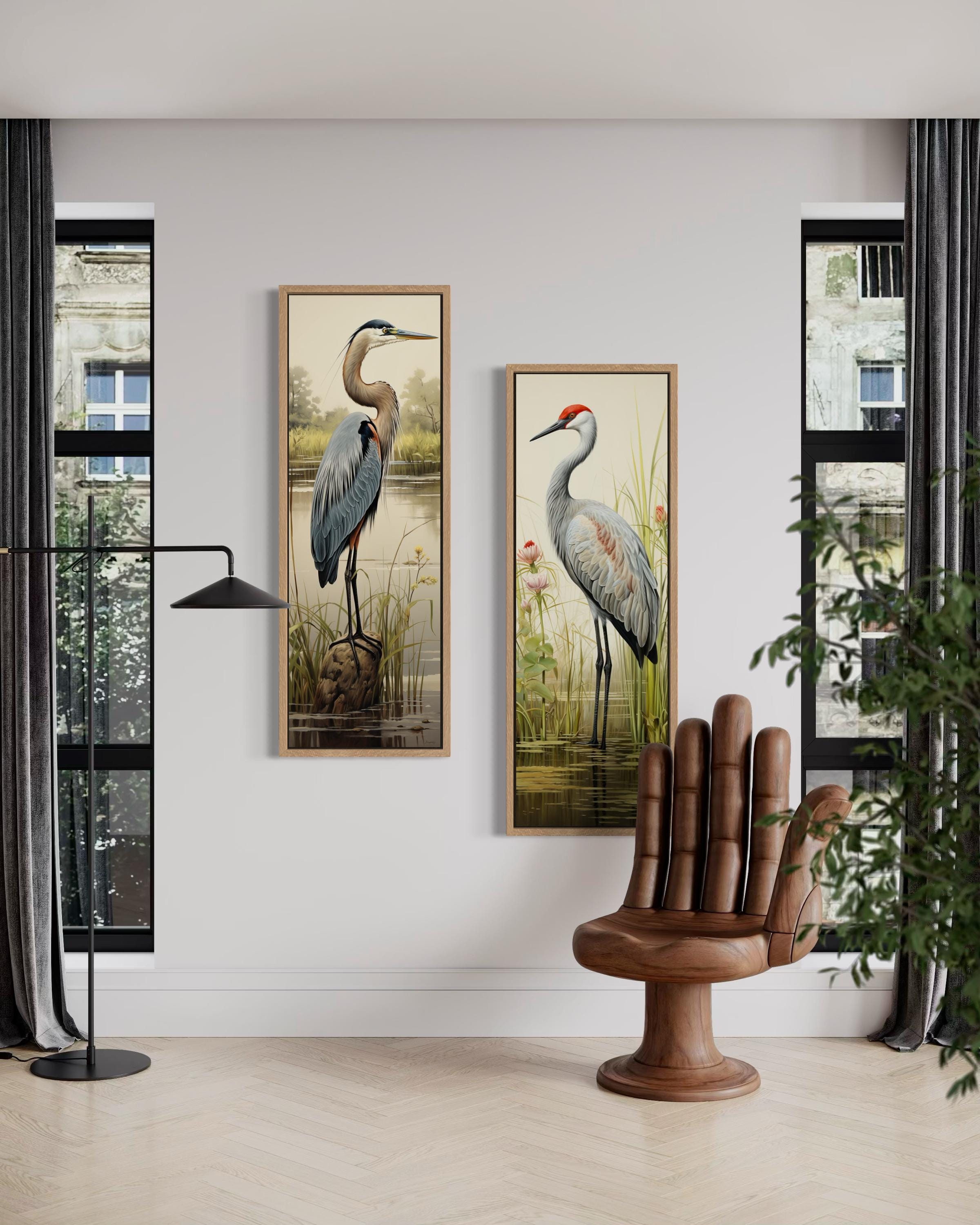Blue Heron and Sandhill Crane Tall Vertical  Set of 2 Canvas Wall Art
